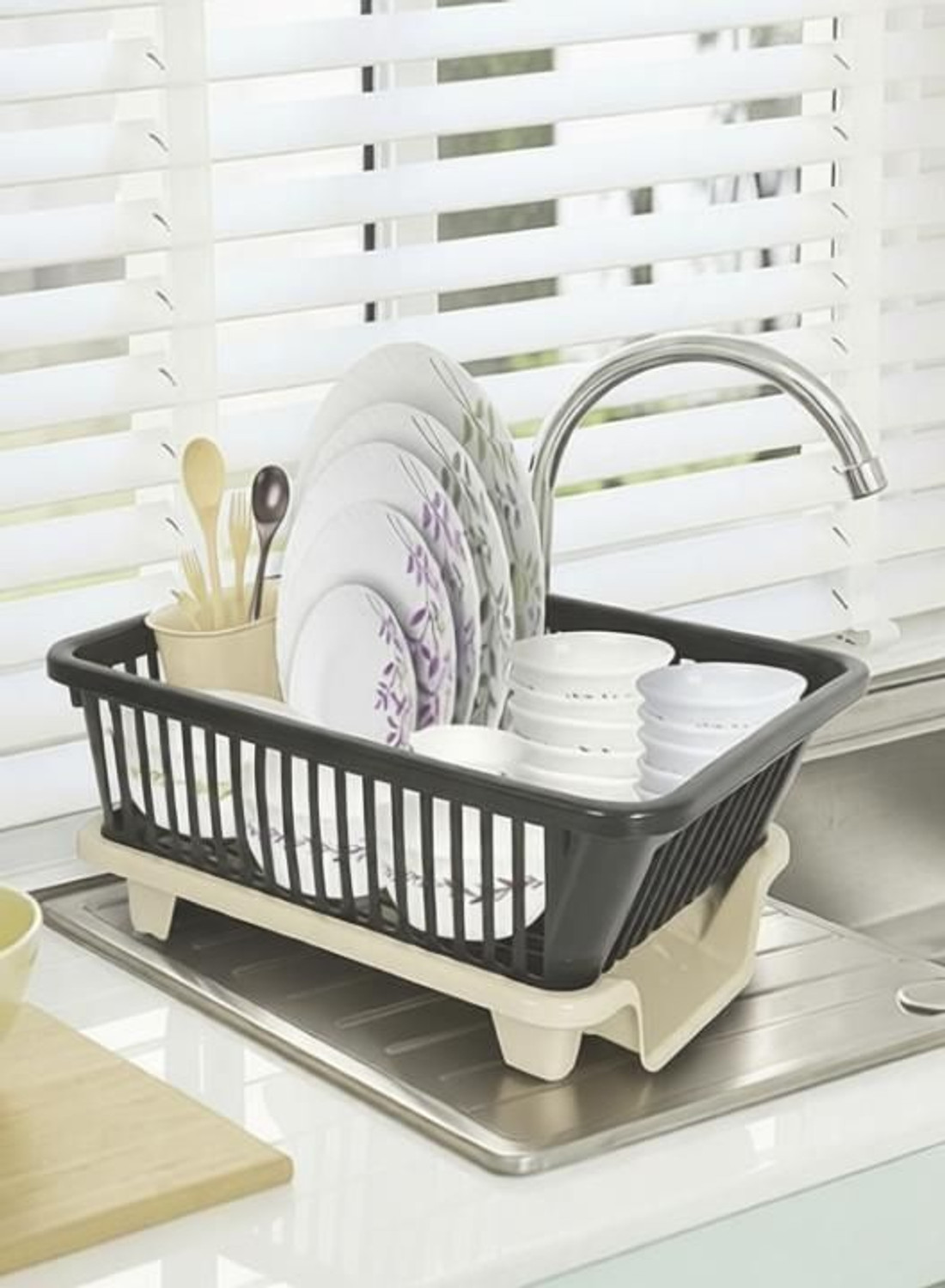 Image of MECHON Plastic 3 in 1 Large Sink Set Dish Rack Drainer with Tray for Kitchen (Black) Storage Basket