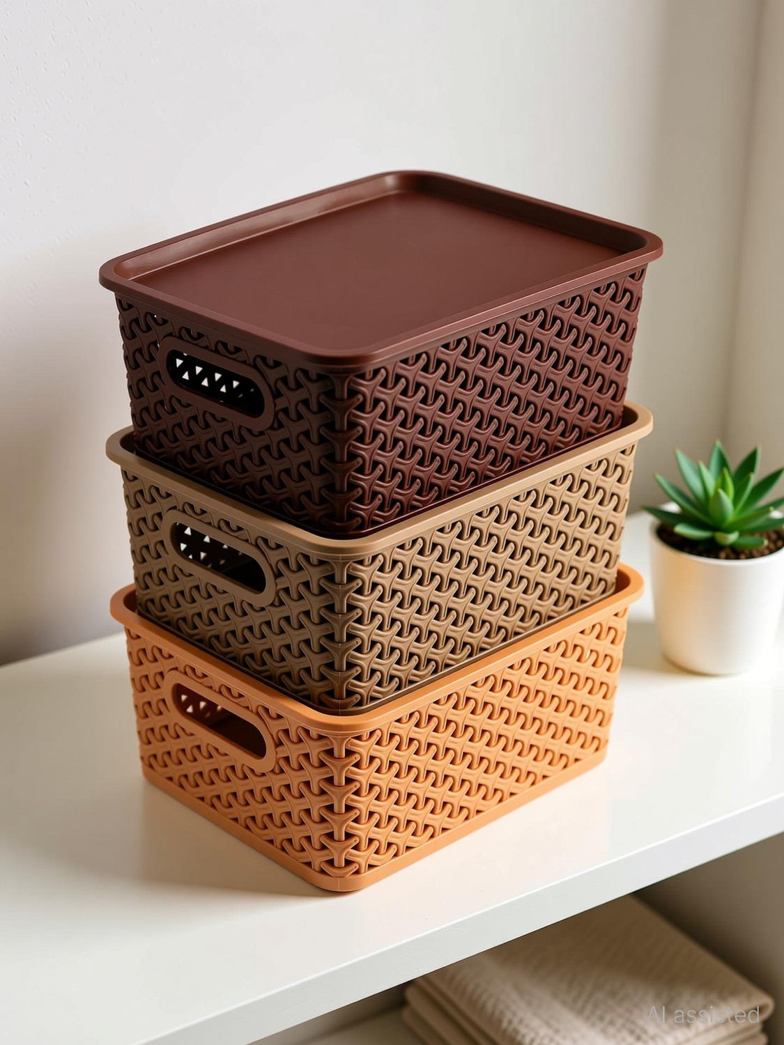 Image of CENTURY Plastic Storage Basket With Lid 3 Piece Multipurpose Box Storage Basket