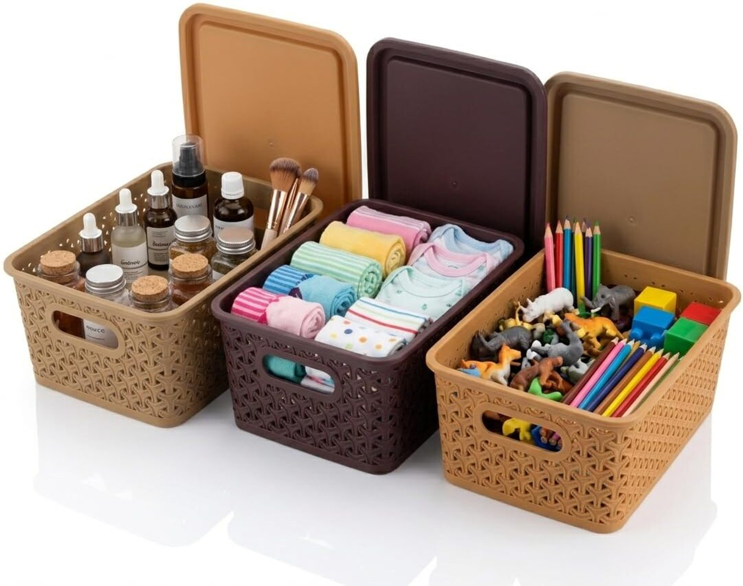 Image of CENTURY Plastic Storage Basket With Lid 3 Piece Multipurpose Box Storage Basket