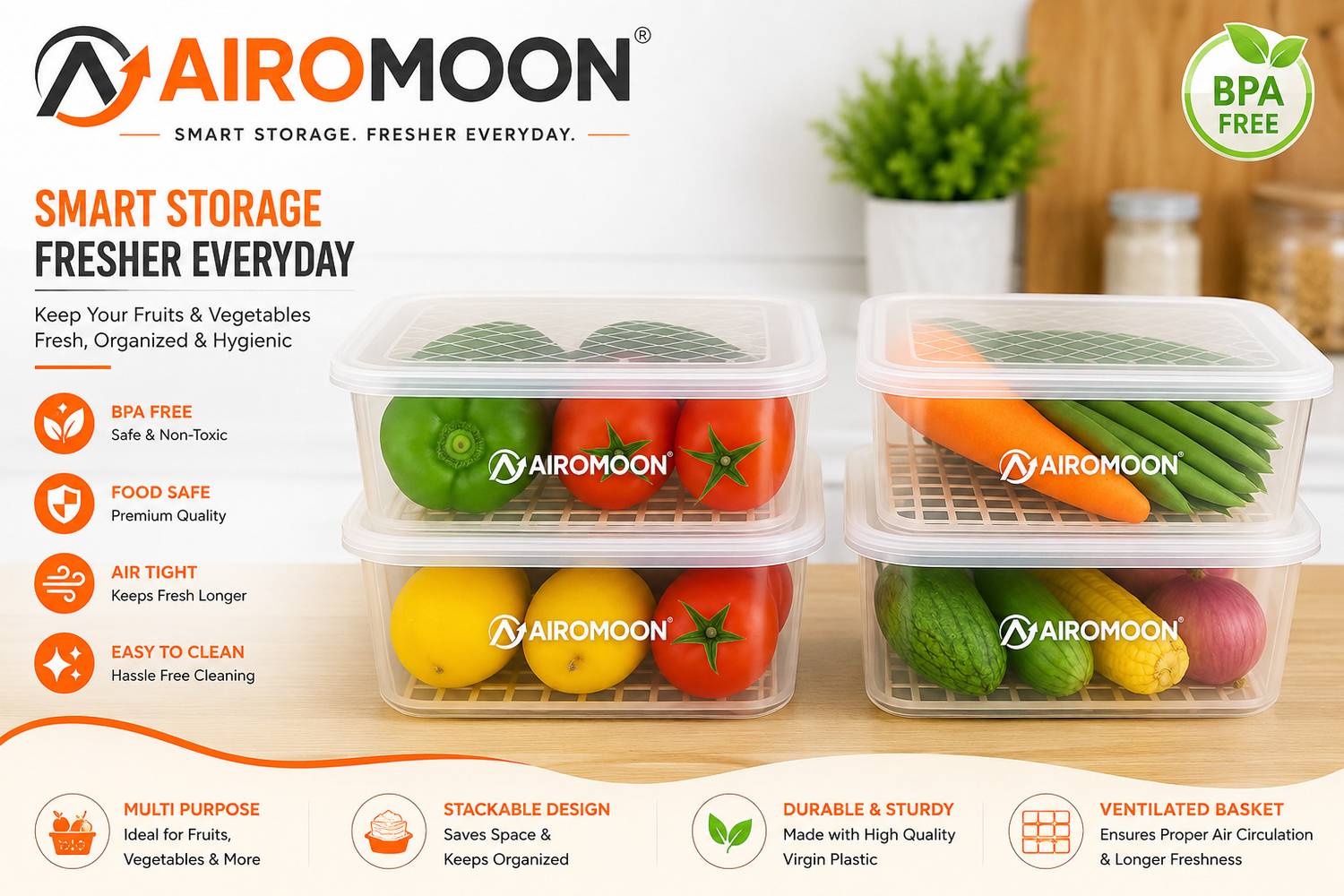 AIROMOON Plastic Premium Quality Storge Basket for Fruit, Fish, Vegetables, Food Storage Basket Storage Basket