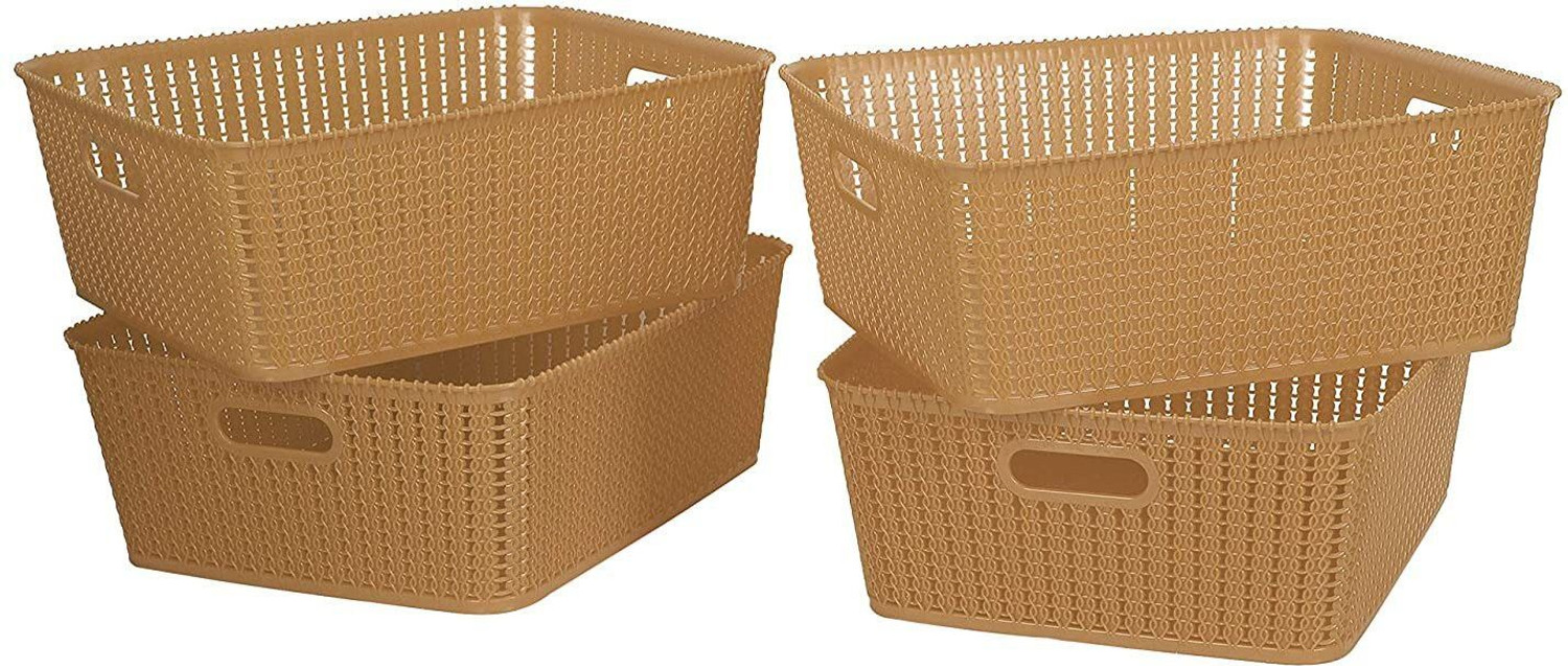 Image of Cutting EDGE Plastic Set of 4 | Large | Beige | Multipurpose Sturdy Woven Storage Baskets Organiser for Kitchen | Office | Stationery | Cosmetics | Accessories Baskets Storage Basket