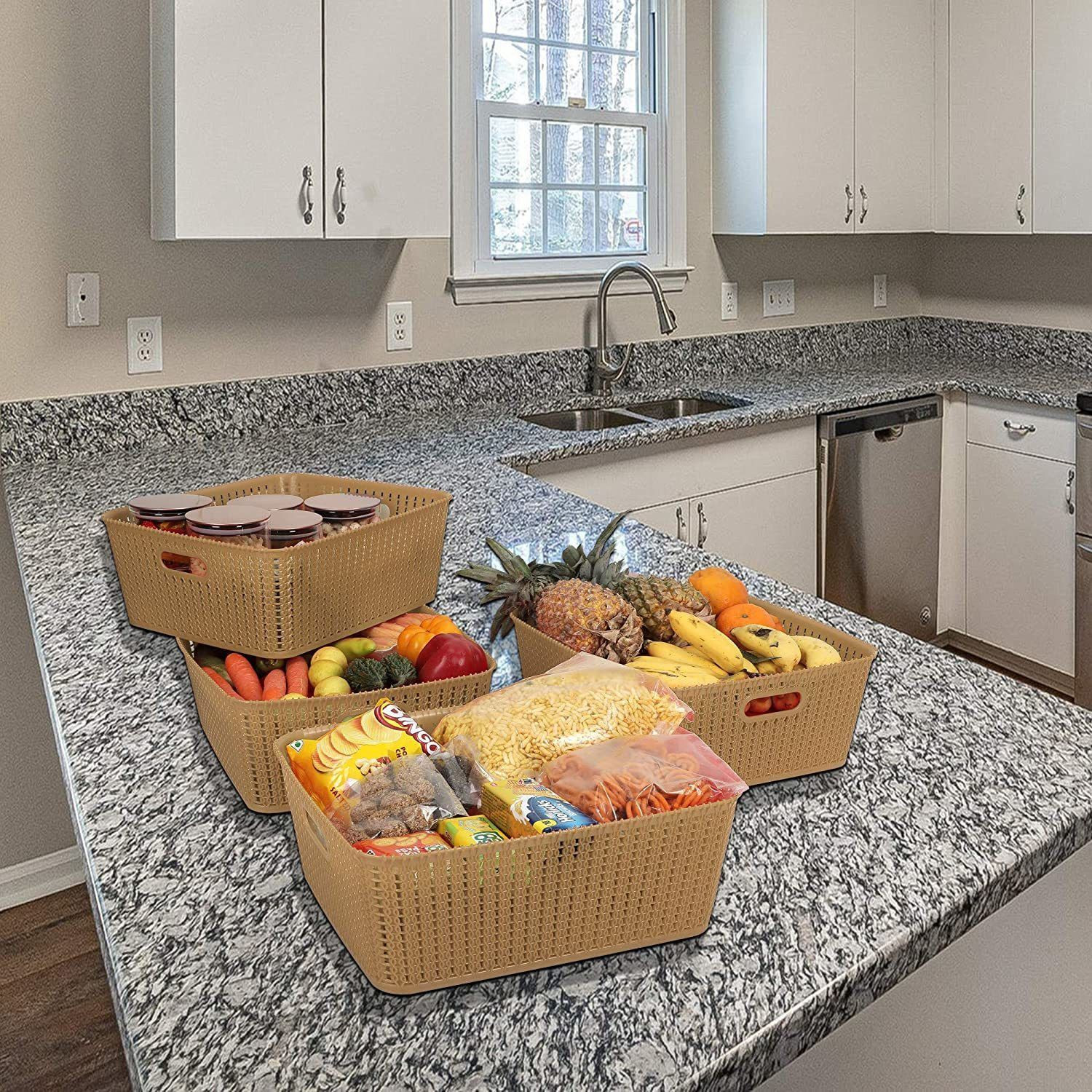 Image of Cutting EDGE Plastic Set of 4 | Large | Beige | Multipurpose Sturdy Woven Storage Baskets Organiser for Kitchen | Office | Stationery | Cosmetics | Accessories Baskets Storage Basket