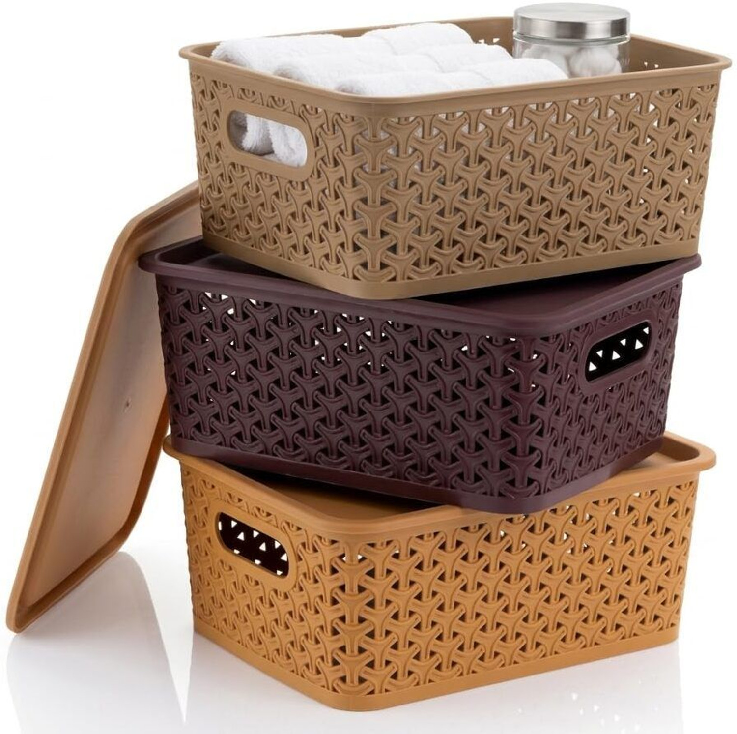 Image of CENTURY Plastic Storage Basket With Lid 3 Piece Multipurpose Box Storage Basket