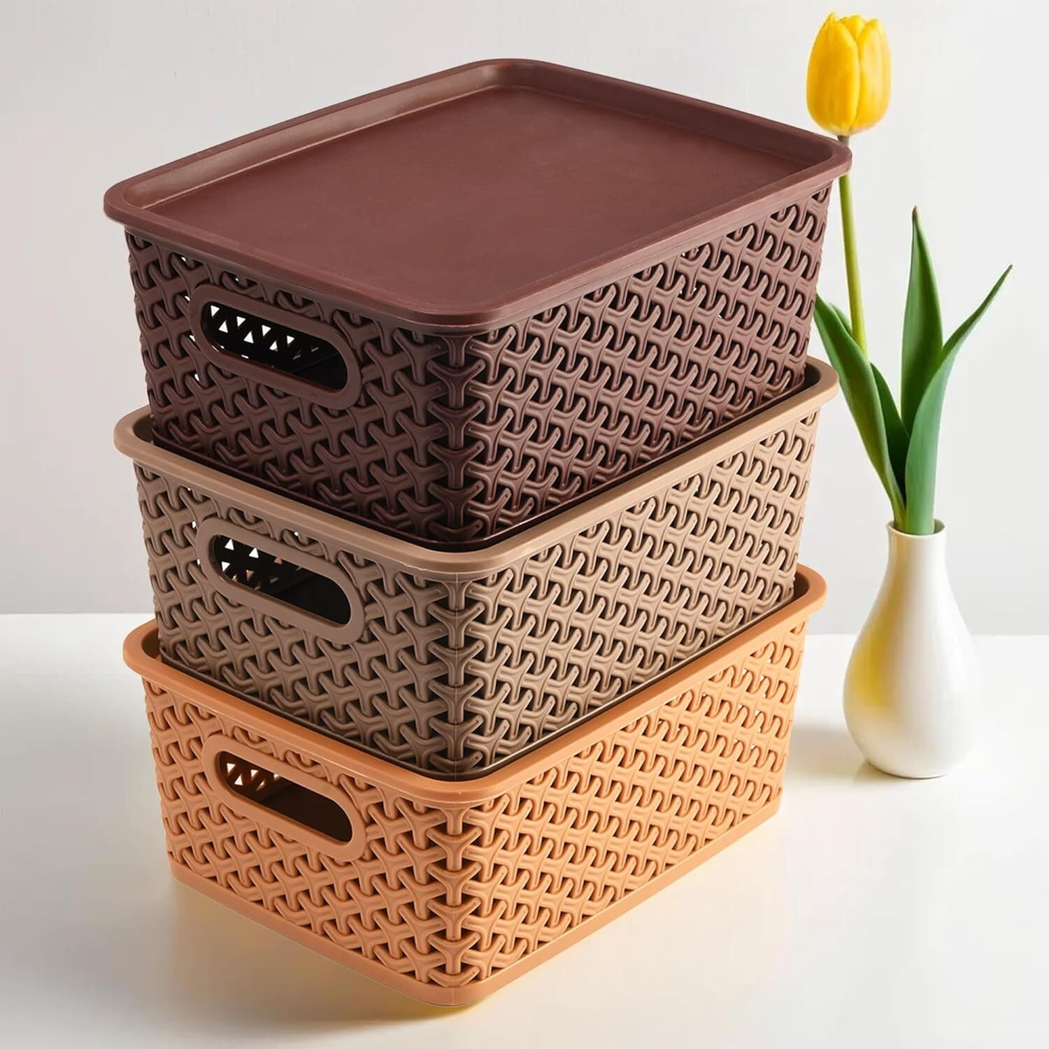 Image of CENTURY Plastic Storage Basket With Lid 3 Piece Multipurpose Box Storage Basket