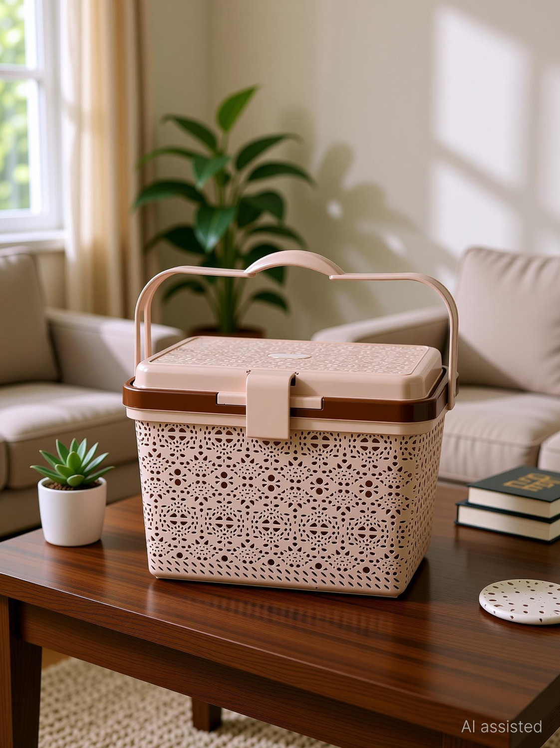 Image of NAYASA Plastic Flower Picnic Basket with lid | Plastic Shopping Storage Basket | Storage Basket