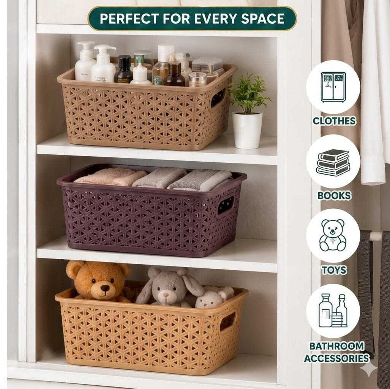 Image of NEXVORACART Plastic Multipurpose Storage Baskets With Lid ( Pack of 3) Storage Basket