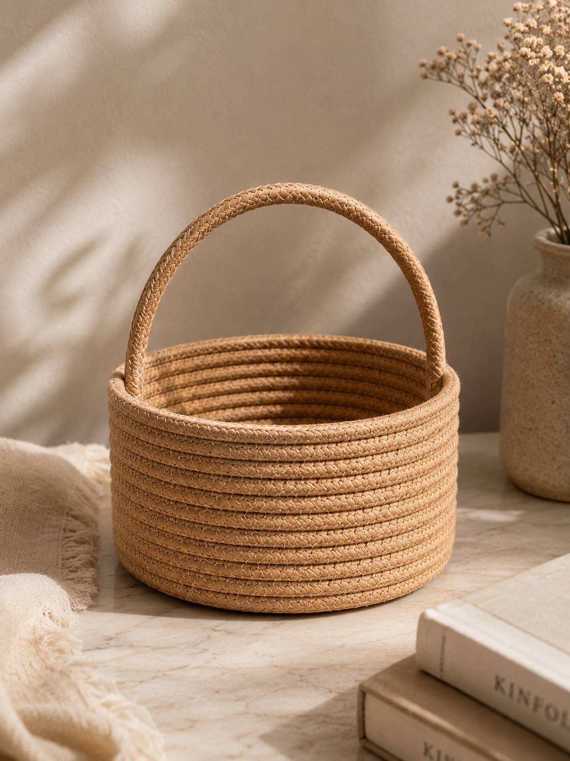 NUSKAA Cotton Premium Handwoven Cotton Rope Storage Basket with Handle Storage Basket