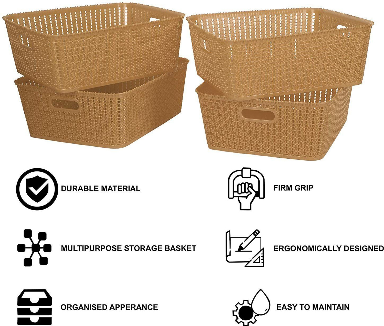 Image of Cutting EDGE Plastic Set of 4 | Large | Beige | Multipurpose Sturdy Woven Storage Baskets Organiser for Kitchen | Office | Stationery | Cosmetics | Accessories Baskets Storage Basket