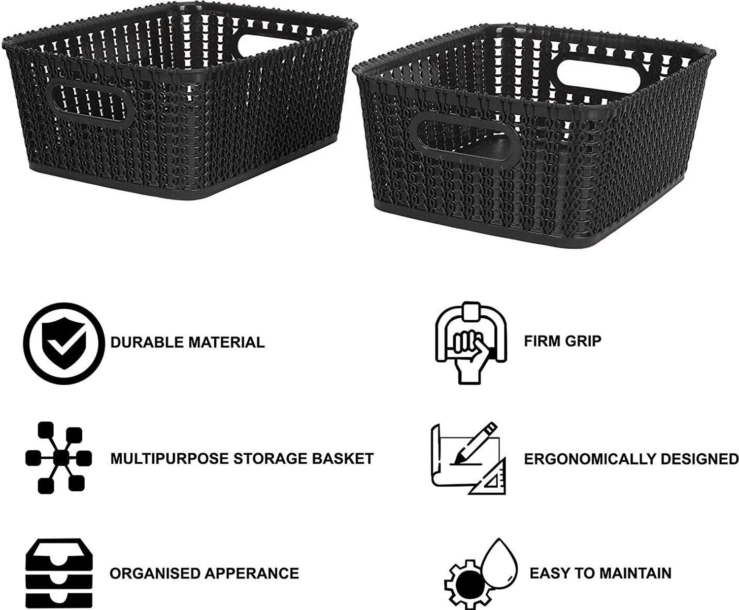Image of Cutting EDGE Plastic Set of 2|Medium|Black|Multipurpose Sturdy Woven Storage Baskets Storage Basket