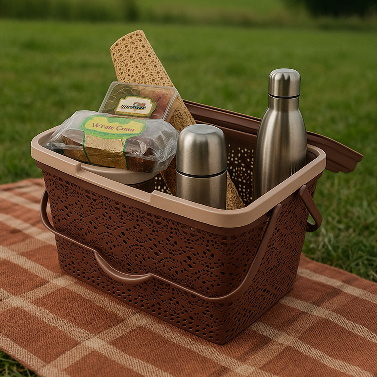 Image of NAYASA Plastic Flower Picnic Basket with lid | Plastic Shopping Storage Basket | Storage Basket