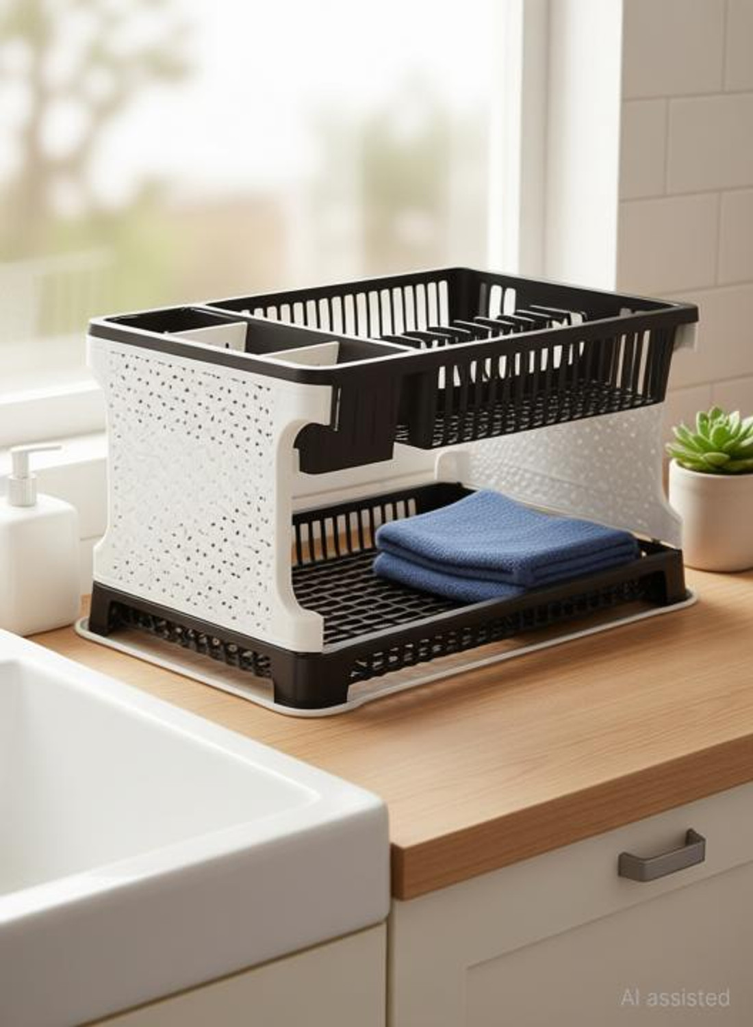Image of Prizam Plastic Plastic Kitchen Organizer Rack with Water Storing Tray, 2 Layer -1 Storage Basket