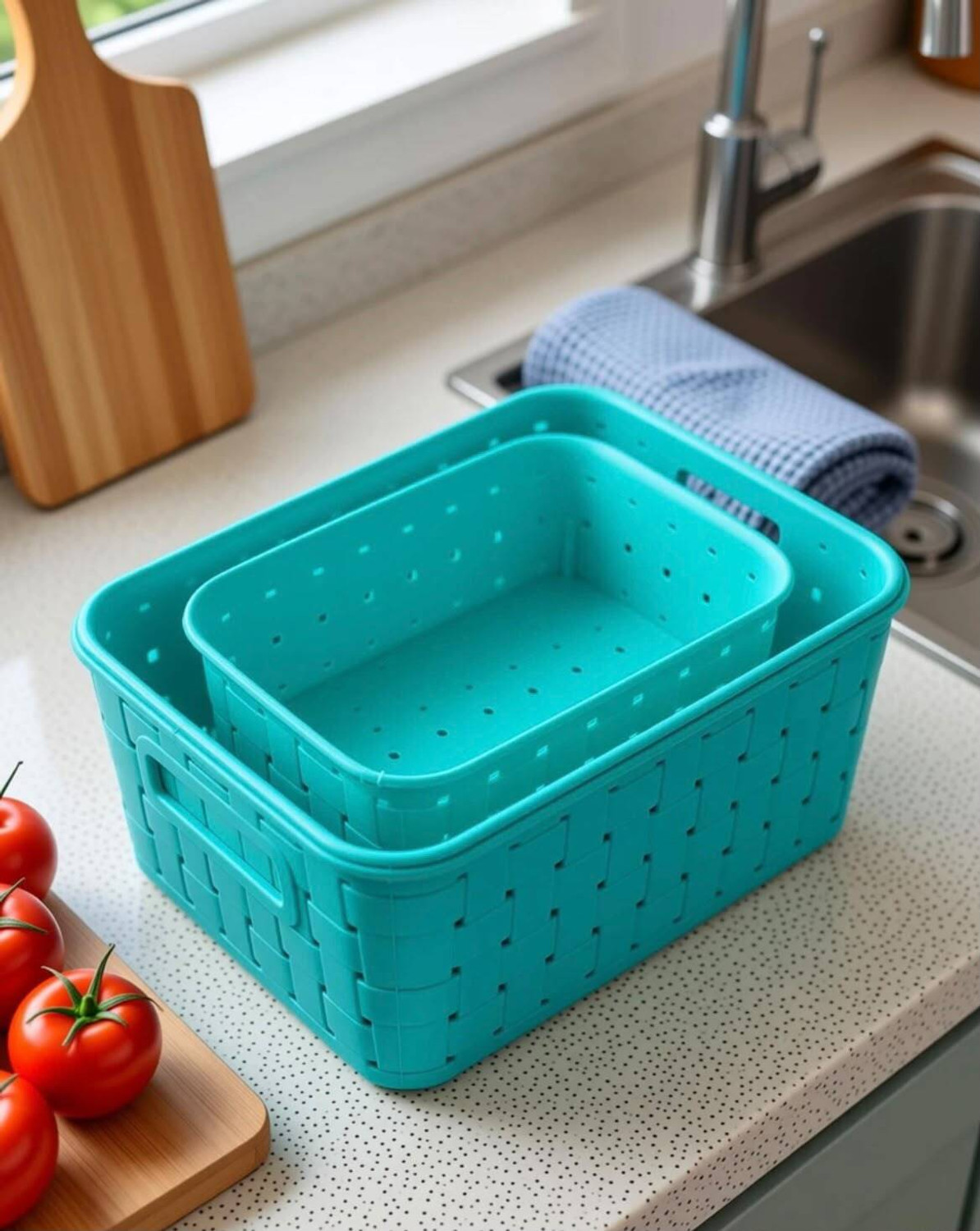 Image of STREPTO Plastic Organizer Baskets for Kitchen, Bathroom & Shelves- Blue Assorted Sizes Storage Basket