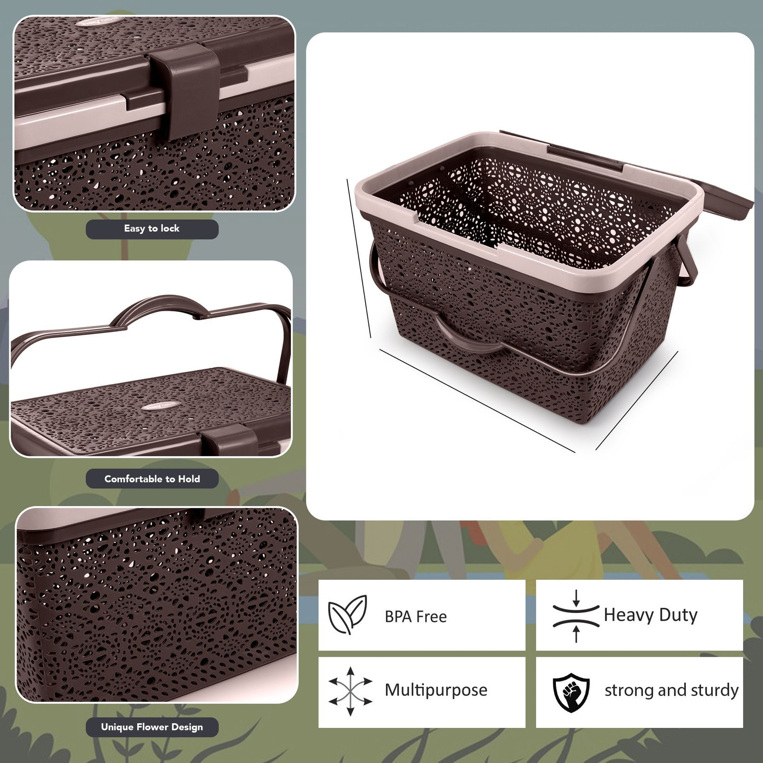 Image of NAYASA Plastic Flower Picnic Basket with lid | Plastic Shopping Storage Basket | Storage Basket
