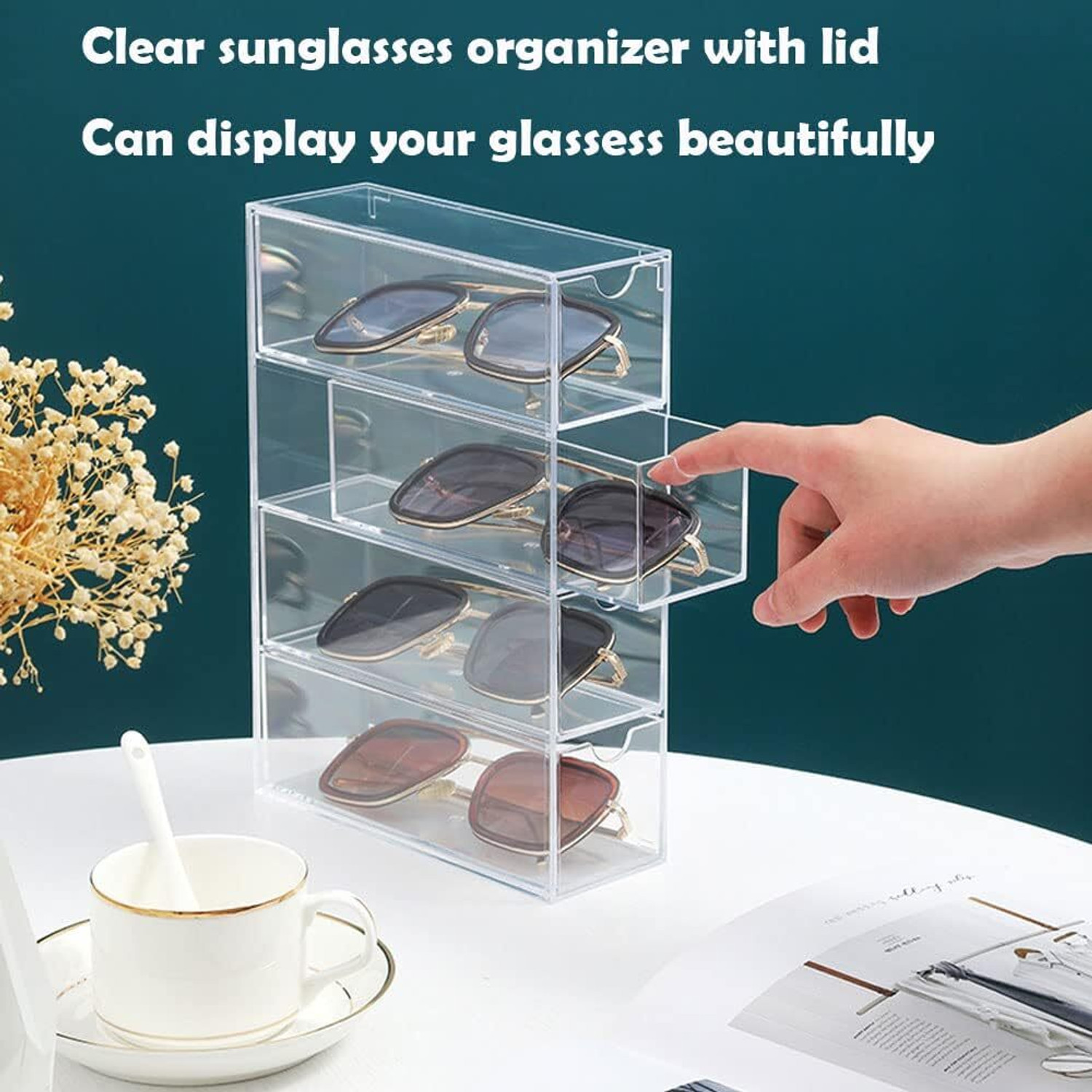 Image of Kienlix Acrylic Sunglasses Organizer with 4 Lid Drawer Organizer Storage Box