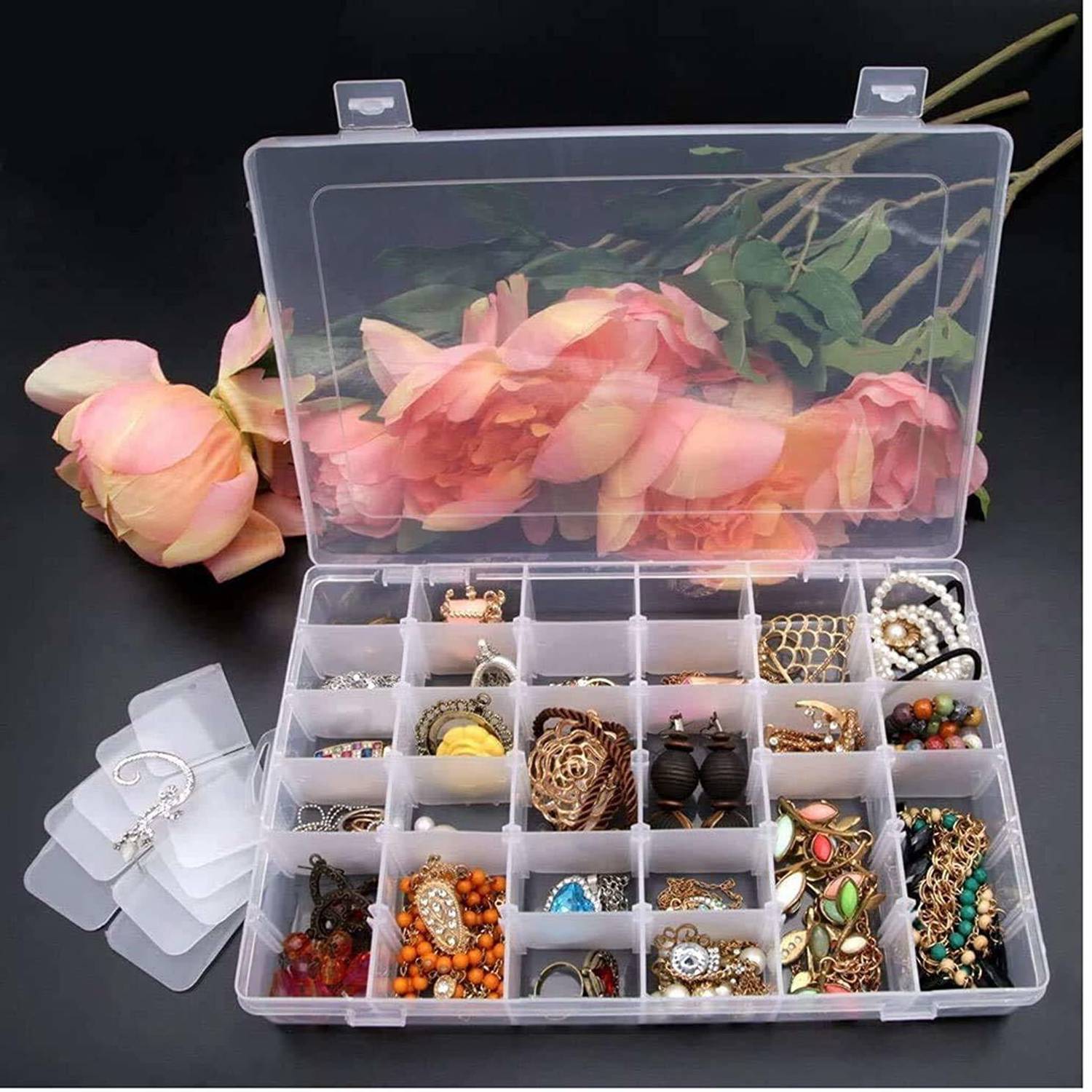 BKENTERPRISE7 36 Grid Cells Multipurpose Clear Transparent Plastic Storage Box with Removable Dividers Holder Box and Cosmetic Storage Compartment Vanity Box