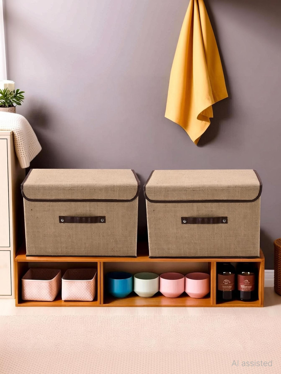 Image of Fairy Choice Jute Printed Foldable Storage Box with Lid & Handle Closet Organizer| 2Pcs Storage Box