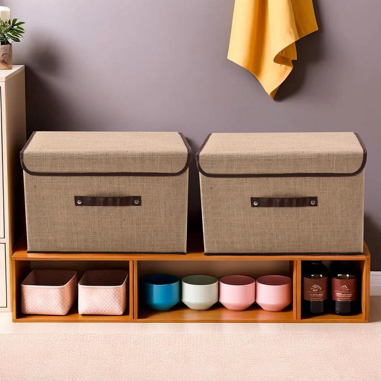 Image of Fairy Choice Jute Printed Foldable Storage Box with Lid & Handle Closet Organizer| 2Pcs Storage Box