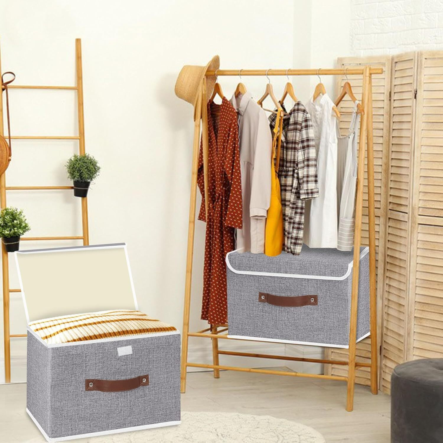 Image of QUAIL Set of 2 Non Woven Jute Print Large Storage Box with Lid & Handle for Toys,Cloth Storage Box