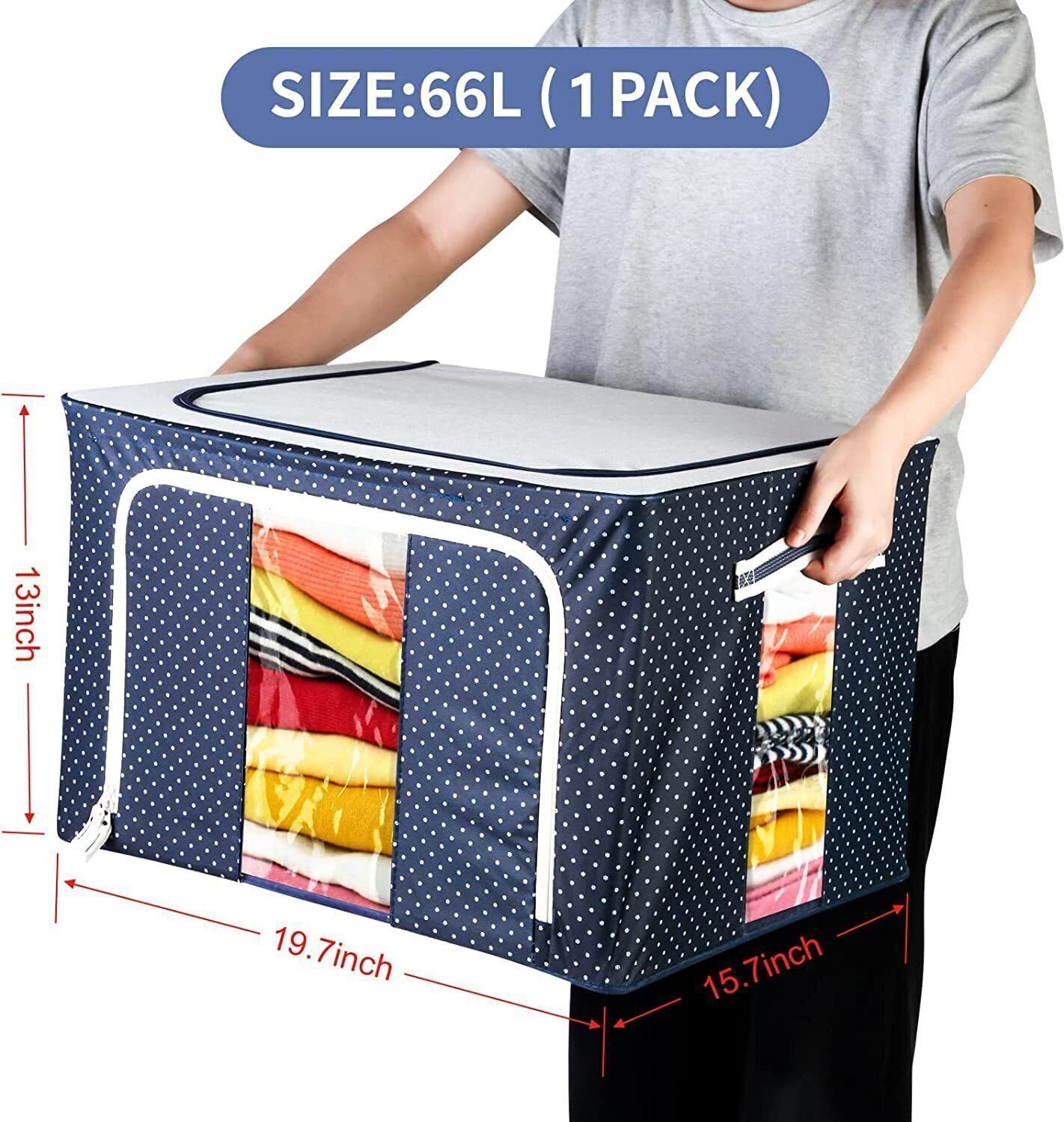 Image of NESTIFY Storage Box For Clothes Wardrobe Clothes Organizer 66 Liter Foldable Steel Frame Clothes Organizer Cloth Storage Box Organizer Box With Zipper,Clear Window and Handle Saree Cover Bag Clothes Storage Organizer (Blue)