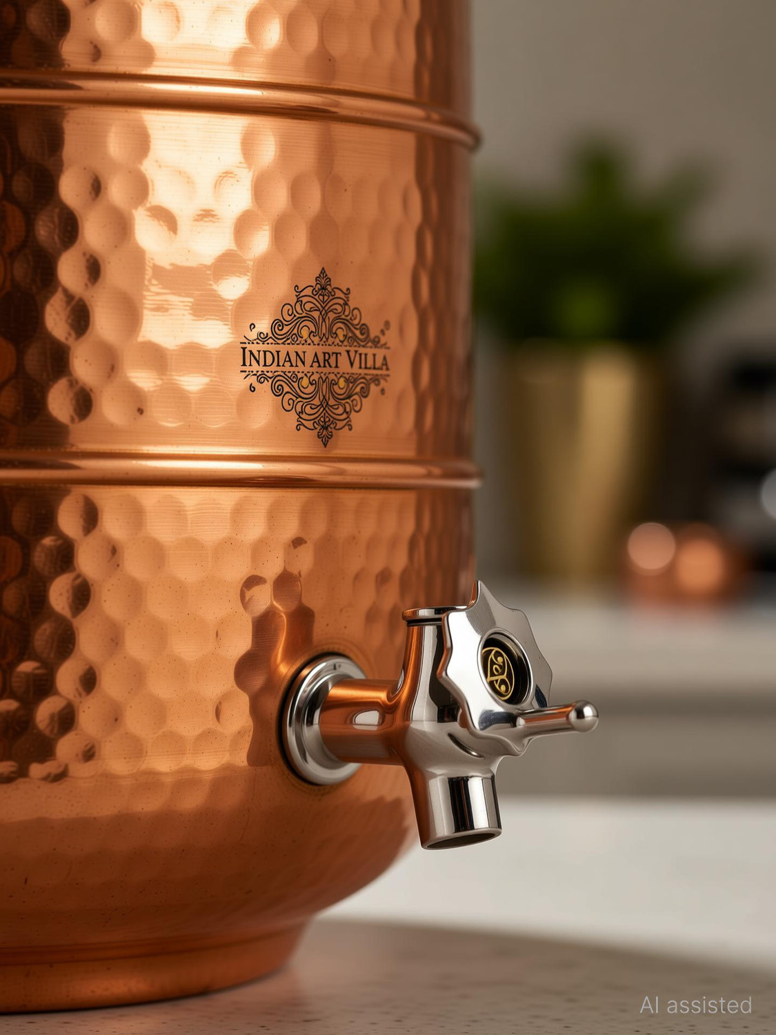 Image of INDIAN ART VILLA Pure Copper water pot /matka /dispenser for home and kitchen Pure Copper Water Pot Storage Tank With Tap Kitchen Home Garden Health Ayurveda 7 L Drum