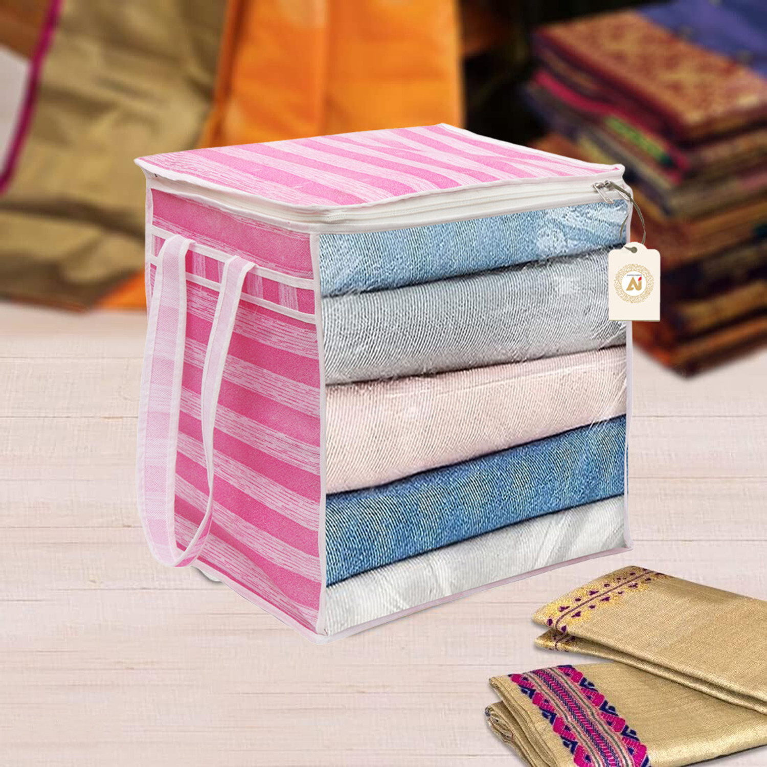 Image of METRONAUT XL Saree Cover, Clothes Storage Bag, Storage Organizer Bag, Zip Closure and Transparent Front With Large Size Handle Clothes Storage Bag, Wardrobe Organizer ( Size 46L x 33W x 22H Centimetre ) Pink Stripes Print Pack of 06