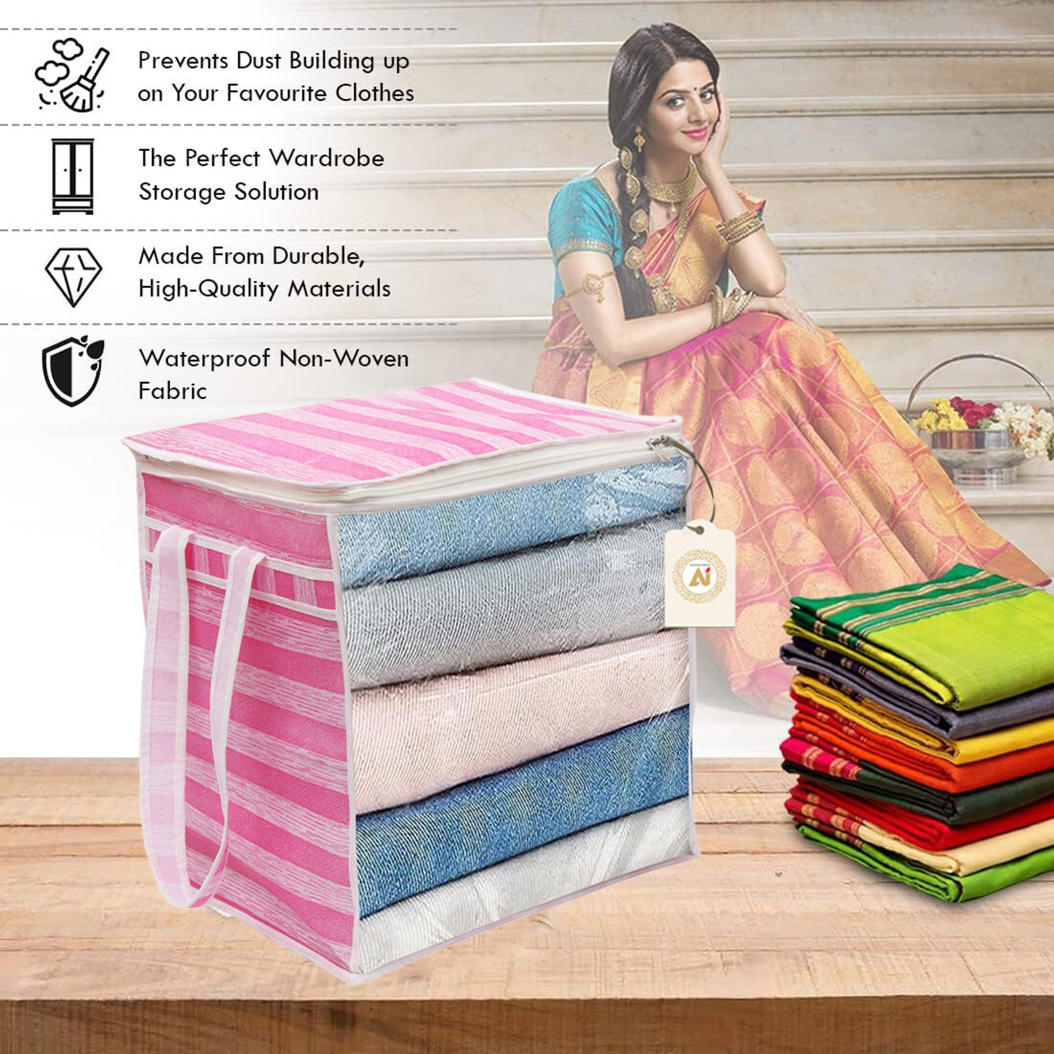 Image of METRONAUT XL Saree Cover, Clothes Storage Bag, Storage Organizer Bag, Zip Closure and Transparent Front With Large Size Handle Clothes Storage Bag, Wardrobe Organizer ( Size 46L x 33W x 22H Centimetre ) Pink Stripes Print Pack of 06