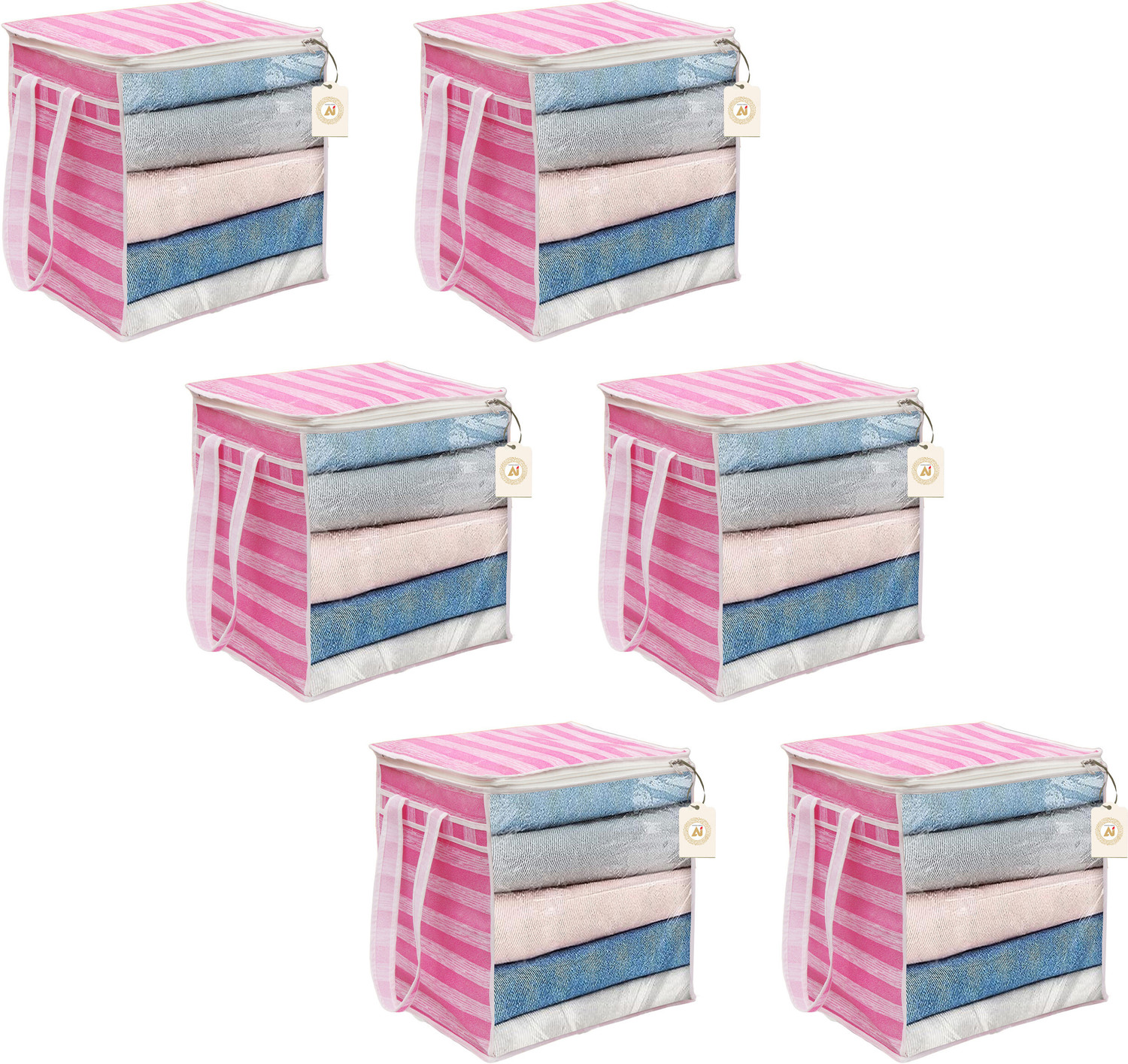 Image of METRONAUT XL Saree Cover, Clothes Storage Bag, Storage Organizer Bag, Zip Closure and Transparent Front With Large Size Handle Clothes Storage Bag, Wardrobe Organizer ( Size 46L x 33W x 22H Centimetre ) Pink Stripes Print Pack of 06