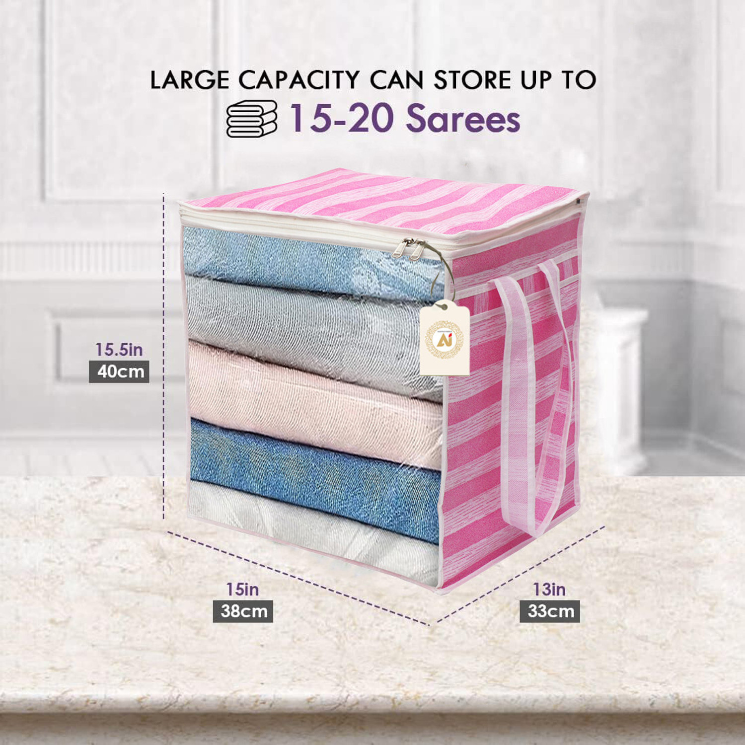 Image of METRONAUT XL Saree Cover, Clothes Storage Bag, Storage Organizer Bag, Zip Closure and Transparent Front With Large Size Handle Clothes Storage Bag, Wardrobe Organizer ( Size 46L x 33W x 22H Centimetre ) Pink Stripes Print Pack of 06