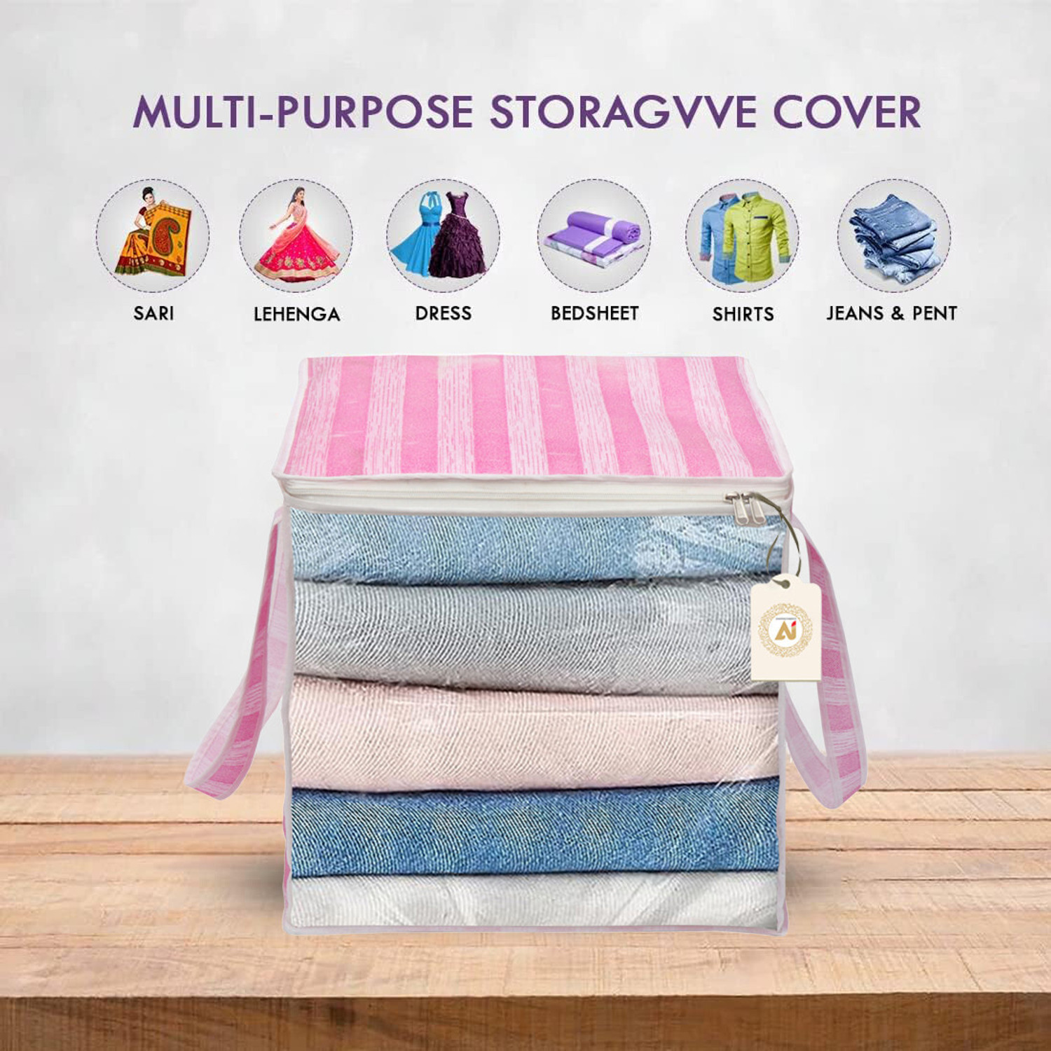 Image of METRONAUT XL Saree Cover, Clothes Storage Bag, Storage Organizer Bag, Zip Closure and Transparent Front With Large Size Handle Clothes Storage Bag, Wardrobe Organizer ( Size 46L x 33W x 22H Centimetre ) Pink Stripes Print Pack of 06