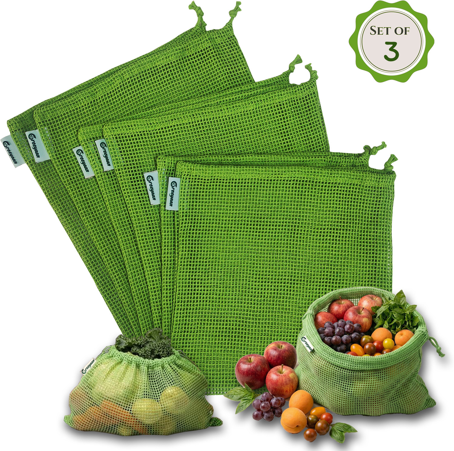 Image of GREEYAAN 100% Cotton Fridge Vegetable Storage Bag Pack of 3 Grocery Bags