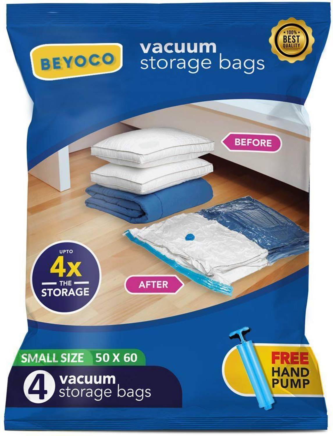 Beyoco 4 SMALL WITH MANUAL PUMP Travel Storage Vacuum Bags