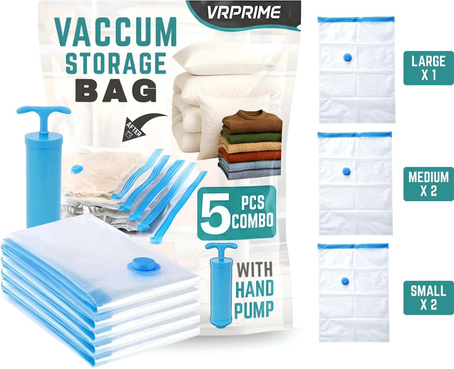 Image of VRPRIME Vacuum Storage Bags Set of 5 with Pump, Space Saving Travel Bags High Volume Storage Vacuum Bags, Travel Storage Vacuum Bags
