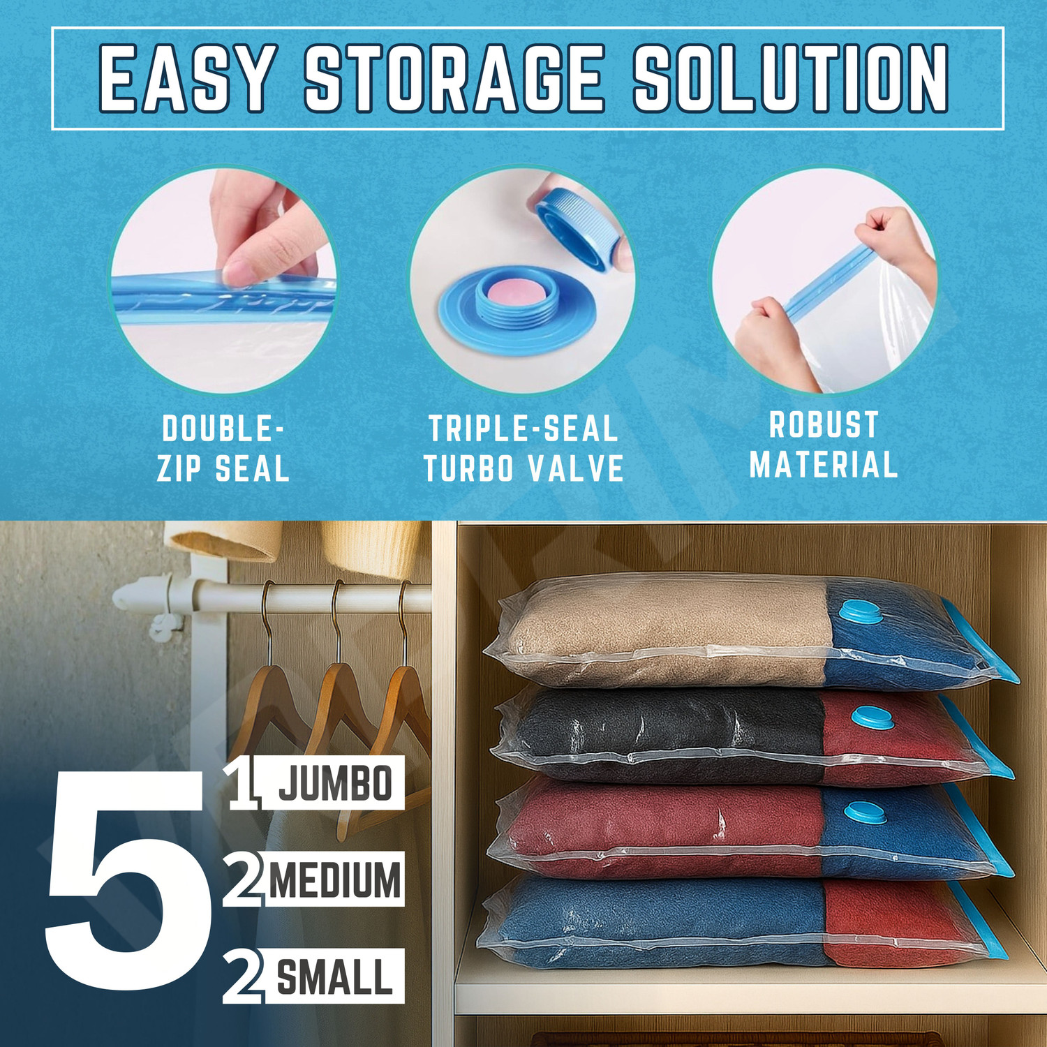 Image of VRPRIME Vacuum Storage Bags Set of 5 with Pump, Space Saving Travel Bags High Volume Storage Vacuum Bags, Travel Storage Vacuum Bags