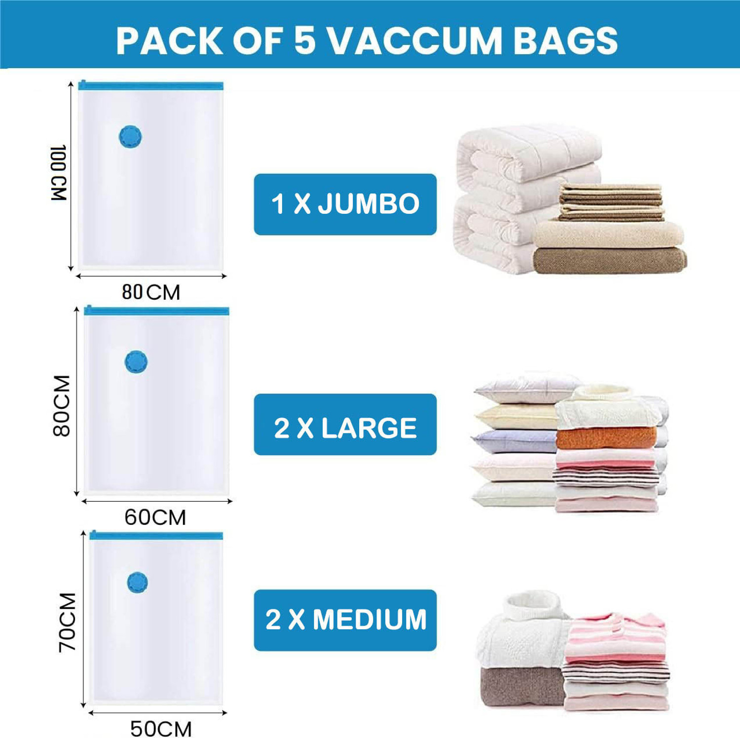 Image of Anayo Space Saver Ziplock Bags for Clothes with Hand Pump 2 Medium 2 Large 1 Jumbo Travel Storage Vacuum Bags