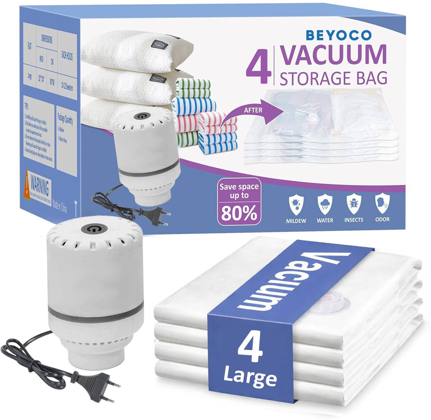 Beyoco 4 LARGE WITH ELECTRIC PUMP Travel Storage Vacuum Bags