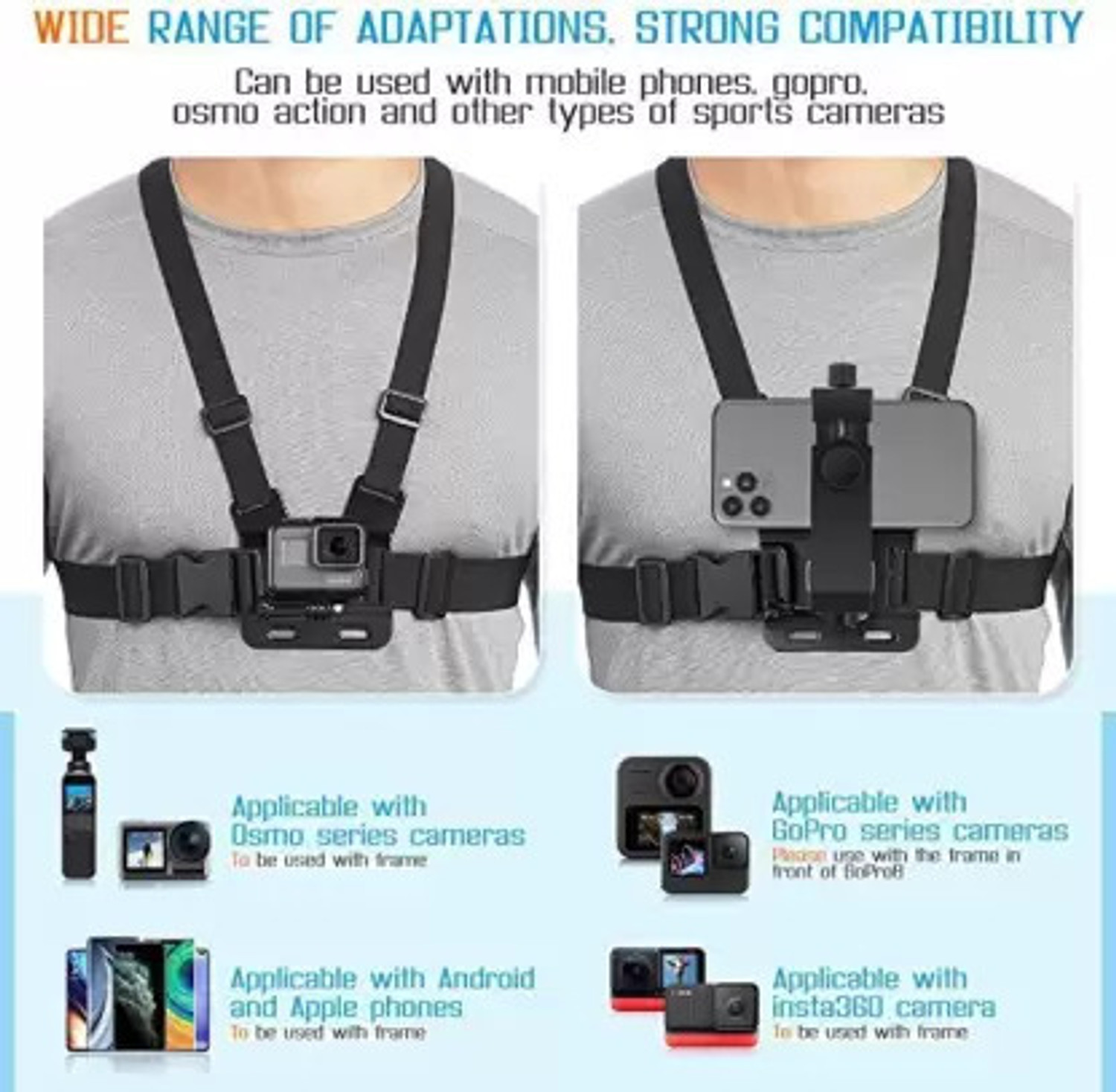 Image of ZARRY Mobile Phone Chest Mount Harness Strap Holder Cell Phone Clip Action GOPO Camera Strap (Black)