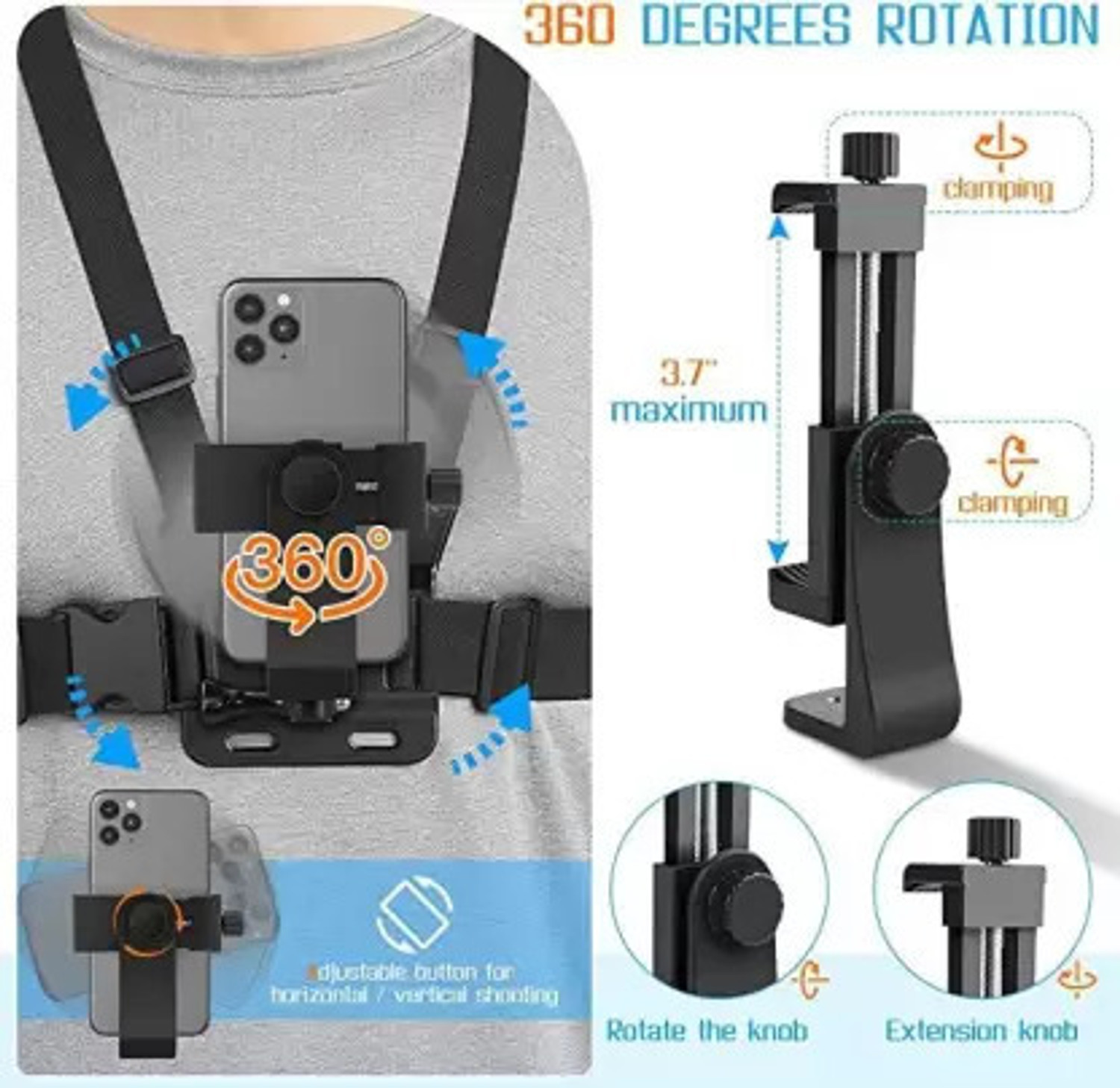 Image of ZARRY Mobile Phone Chest Mount Harness Strap Holder Cell Phone Clip Action GOPO Camera Strap (Black)