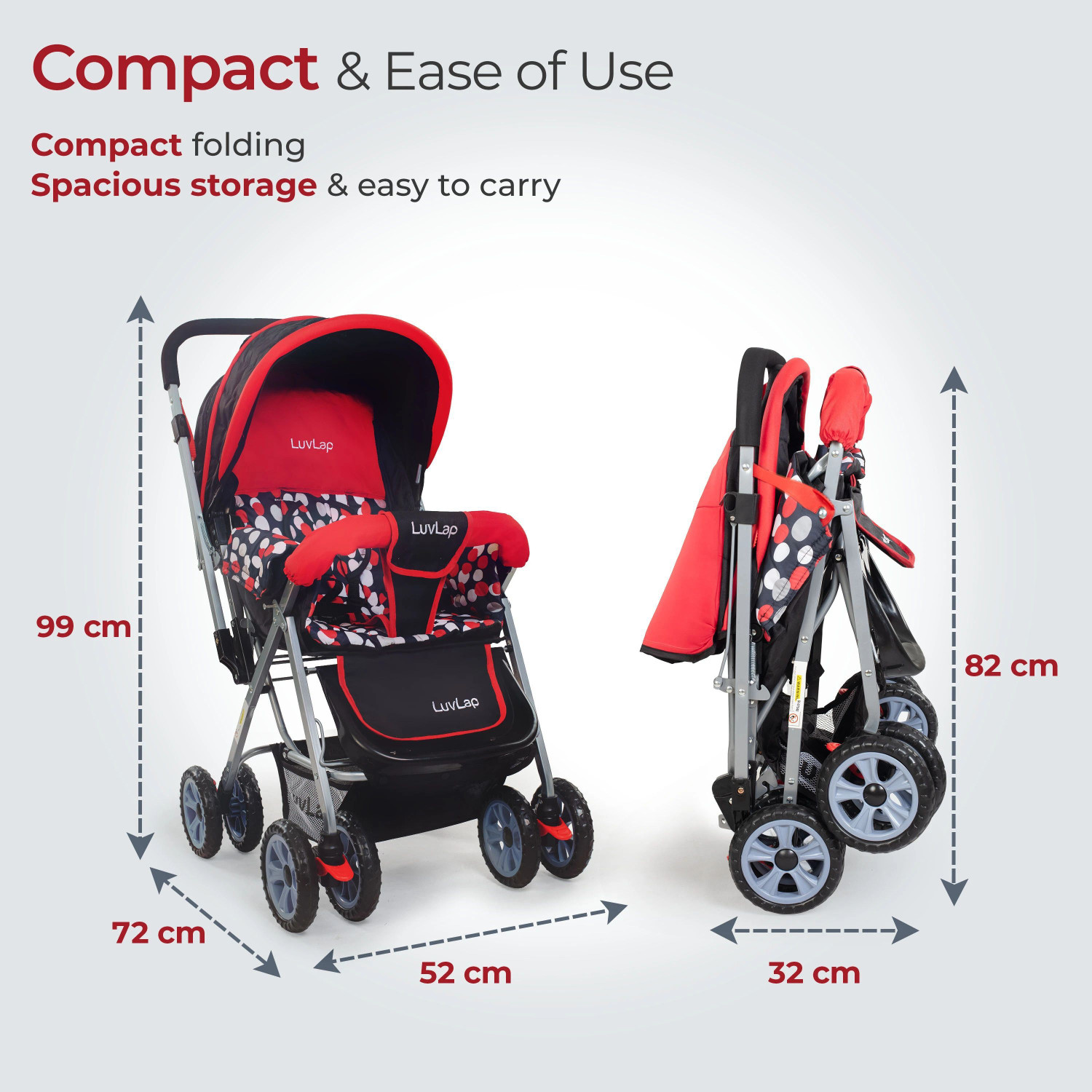 Image of LuvLap Sunshine Stroller /Pram, Easy Fold, for Newborn Baby /Kids, 0-3 Years, Stroller (3, Red)