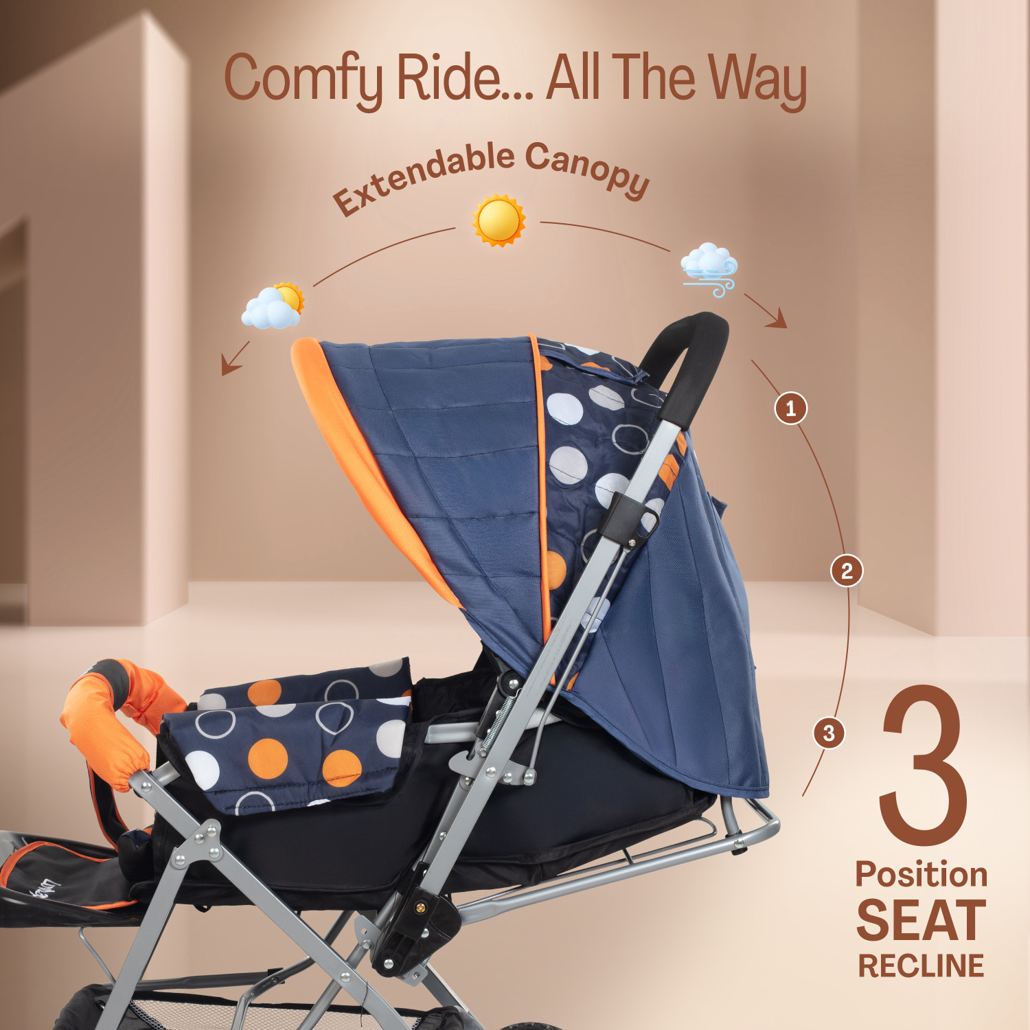 Image of LuvLap Sunshine Stroller /Pram, Easy Fold, for Newborn Baby /Kids, 0-3 Years, Stroller (3, Orange)