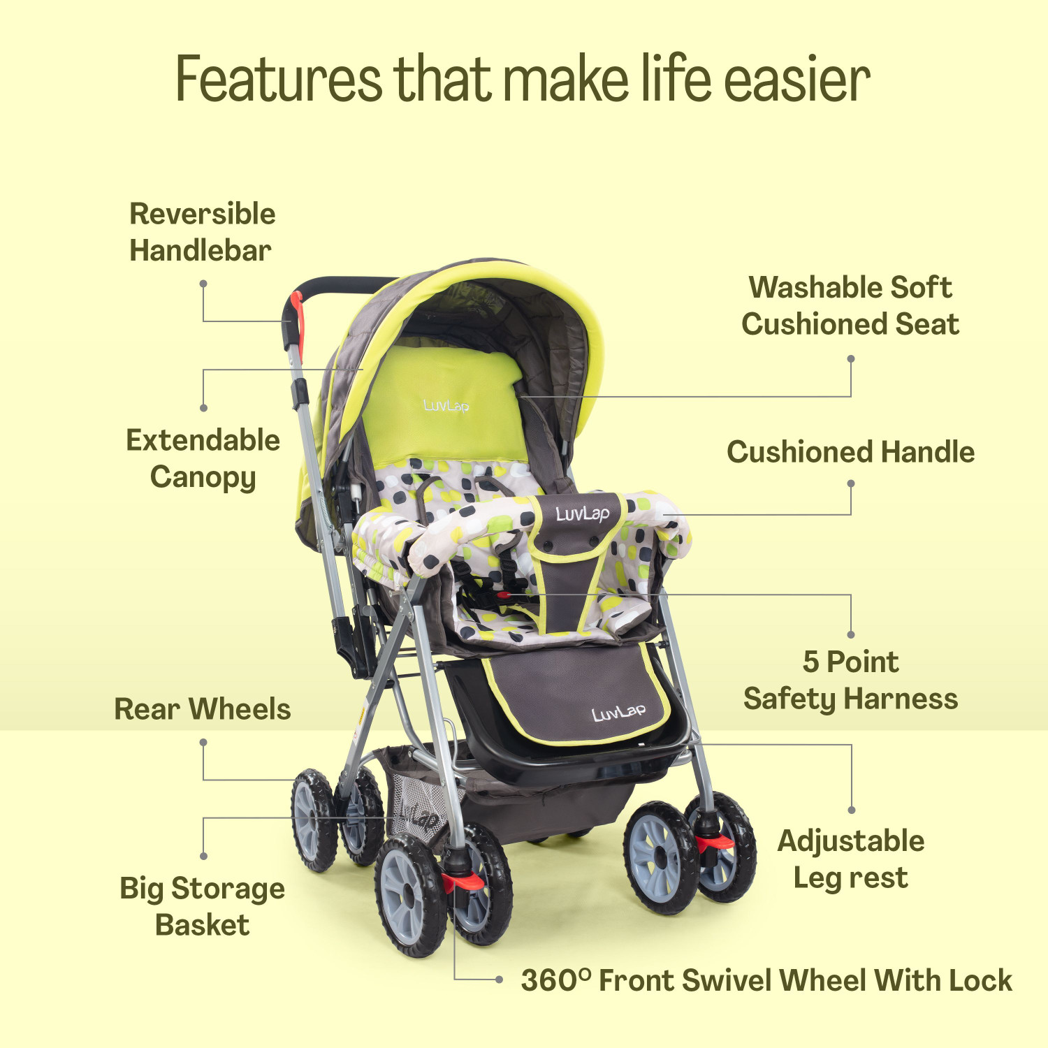 Image of LuvLap Sunshine Stroller /Pram, Easy Fold, for Newborn Baby /Kids, 0-3 Years, Stroller (3, Green)