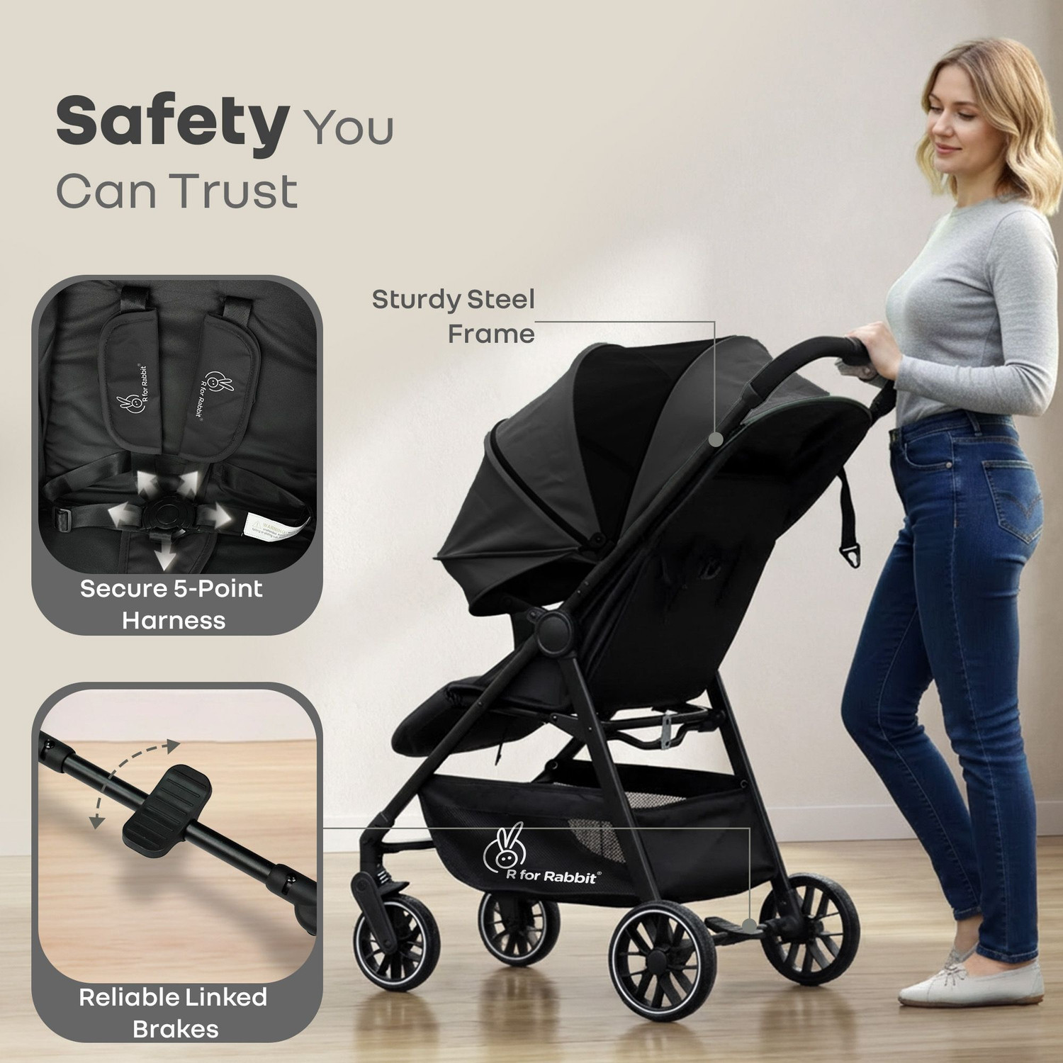 Image of R for Rabbit Poppins Neo Stroller | 5 Point Safety Harness | One-Hand Fold | Pure Black Stroller
