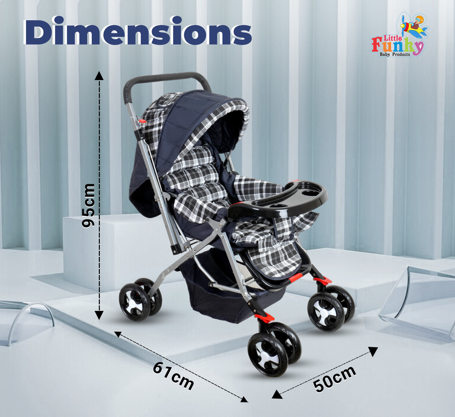 Image of Little Funky Adjustable backrest, 360 Swivel Wheel , Reversible Handlebar Feeding Tray Pram Stroller