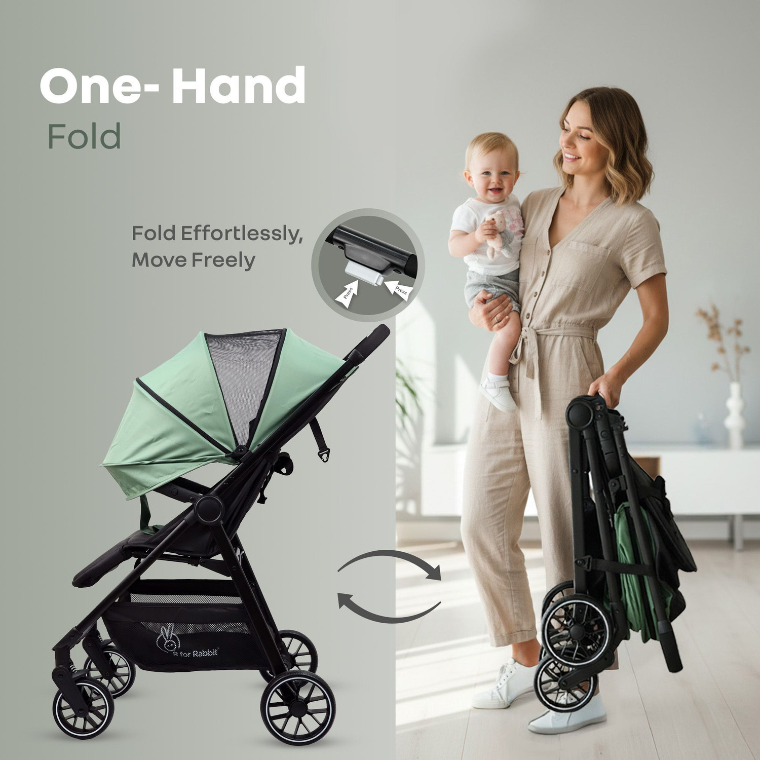 Image of R for Rabbit Poppins Neo Stroller | 5 Point Safety Harness | One-Hand Fold | Olive Green Stroller