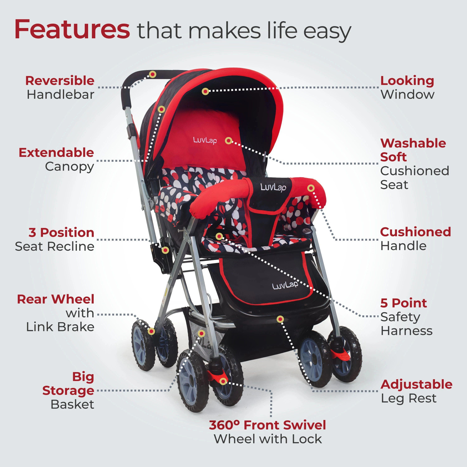Image of LuvLap Sunshine Stroller /Pram, Easy Fold, for Newborn Baby /Kids, 0-3 Years, Stroller (3, Red)