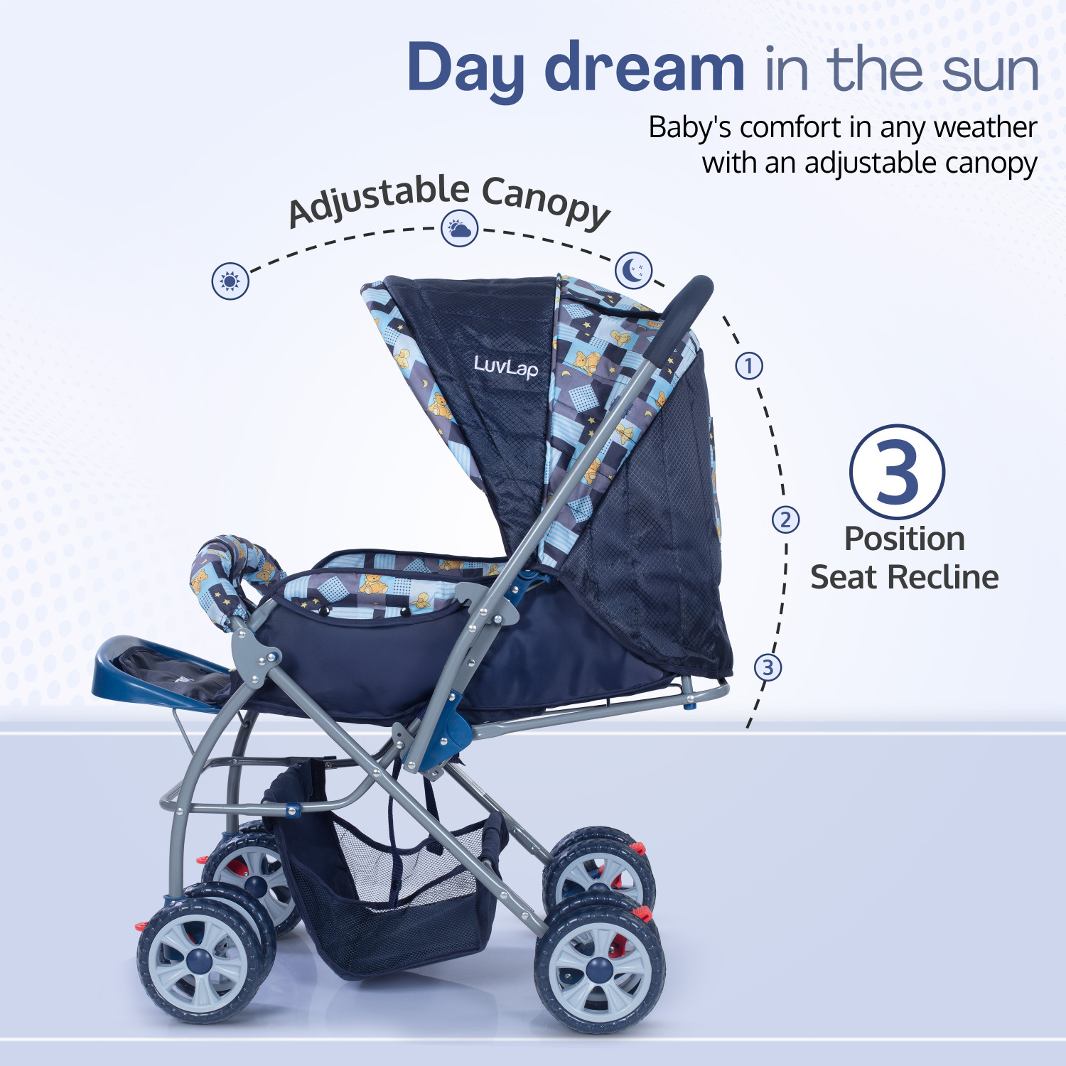 Image of LuvLap Starshine Stroller /Pram, Easy Fold for Newborn Baby /Kids, 0-3 Years, Stroller (3, Dark Blue)