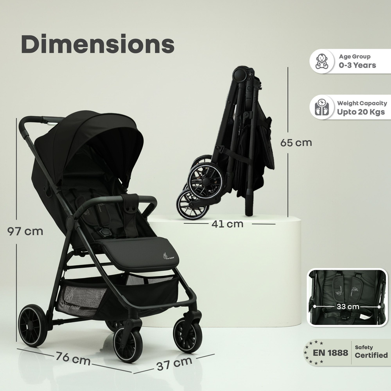Image of R for Rabbit Poppins Neo Stroller | 5 Point Safety Harness | One-Hand Fold | Pure Black Stroller