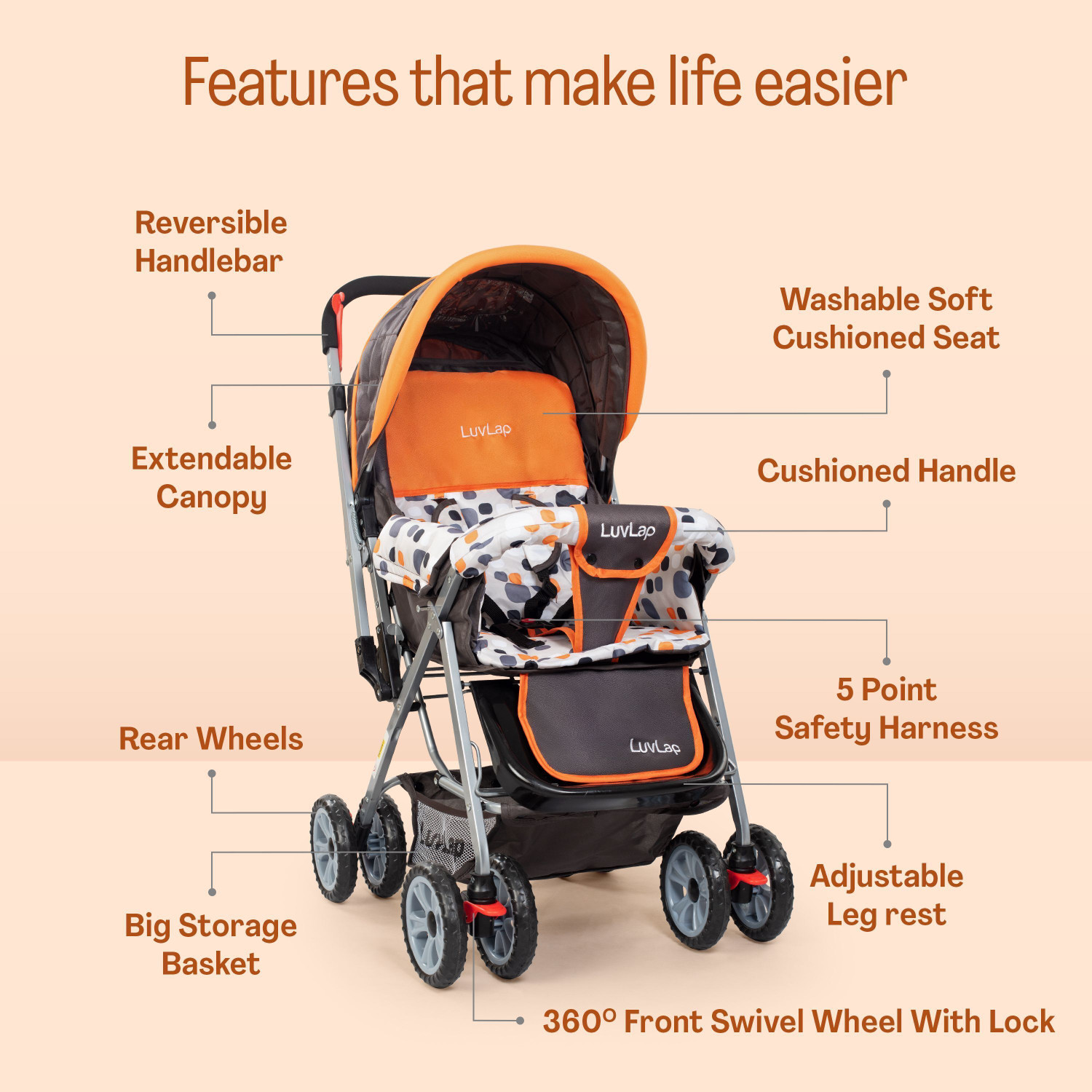 Image of LuvLap Sunshine Stroller /Pram, Easy Fold, for Newborn Baby /Kids, 0-3 Years, Stroller (3, Orange)