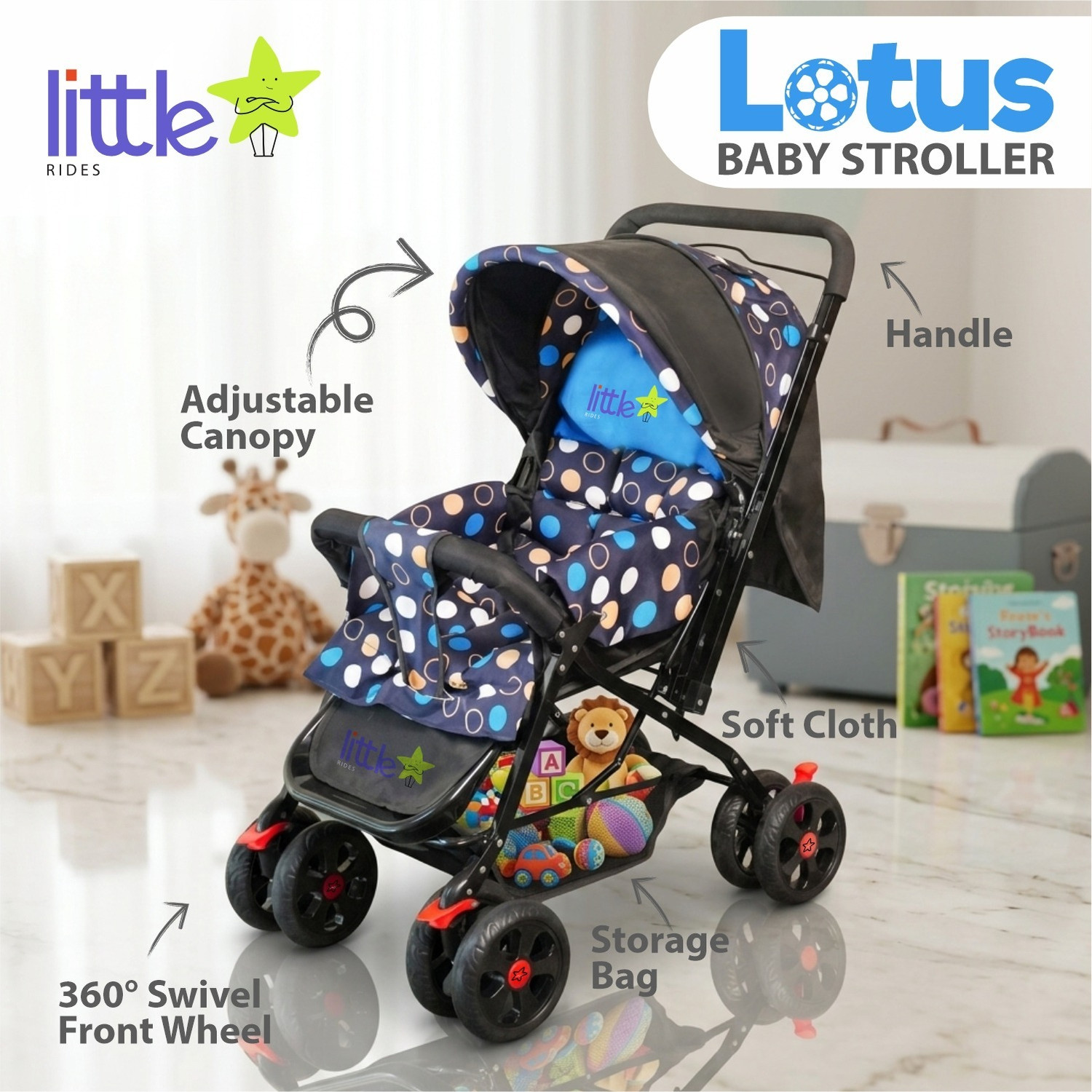 Image of LITTLE RIDES Premium Baby Foldable Travel Stroller for Kids 360 Shock-Absorbing Wheels Stroller