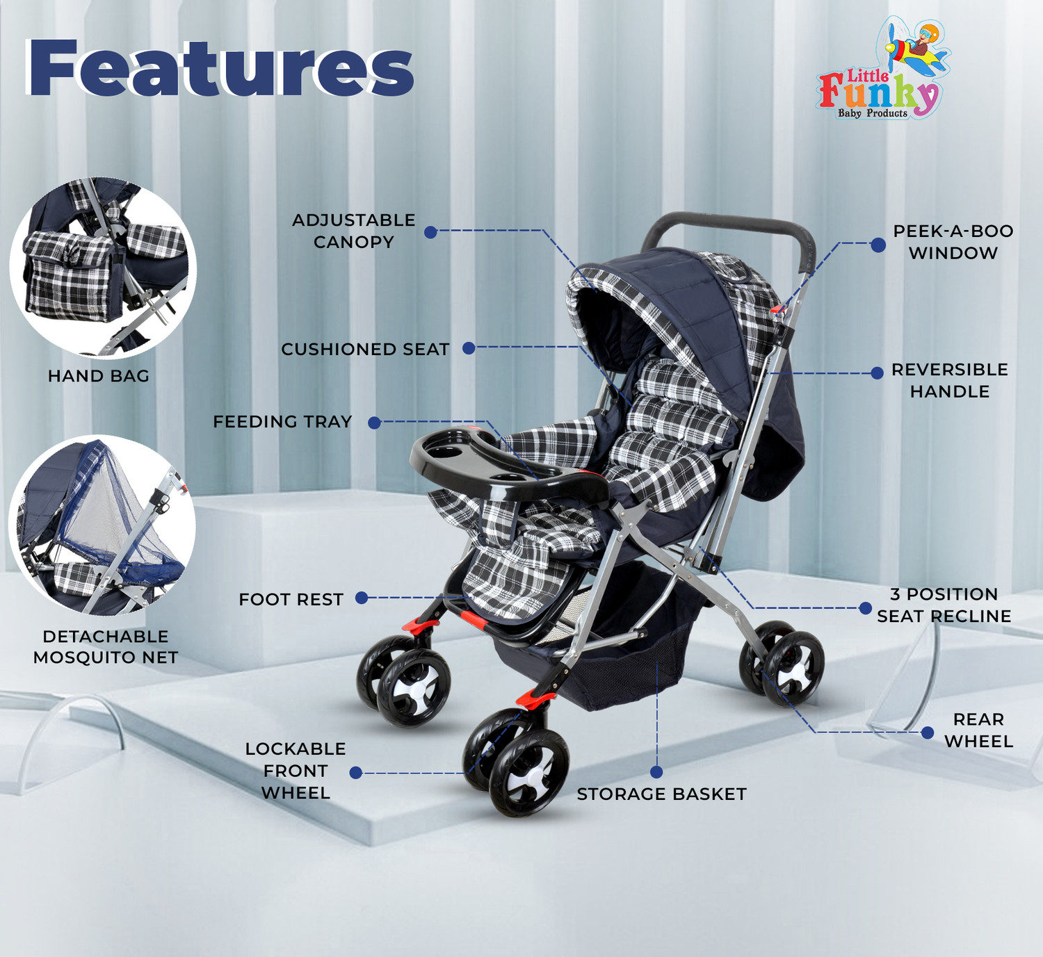 Image of Little Funky Adjustable backrest, 360 Swivel Wheel , Reversible Handlebar Feeding Tray Pram Stroller