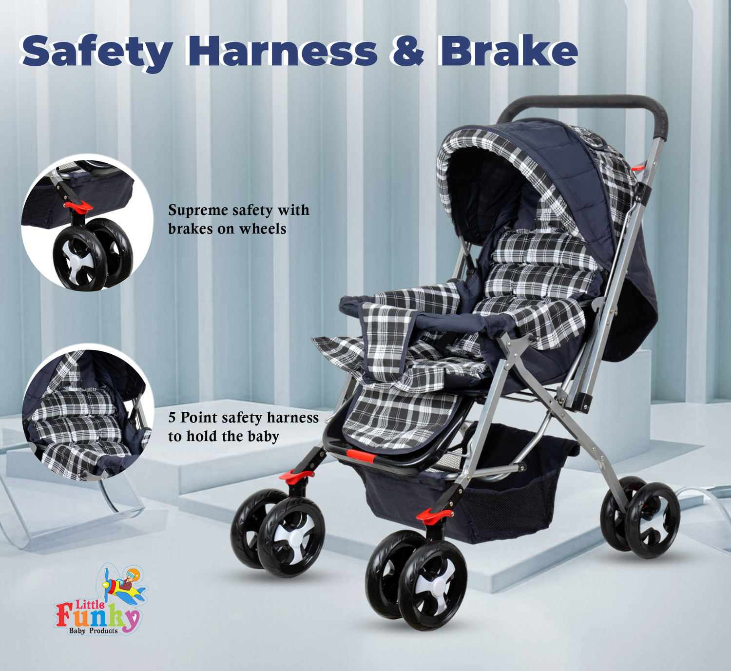 Image of Little Funky Adjustable backrest, 360 Swivel Wheel , Reversible Handlebar Feeding Tray Pram Stroller